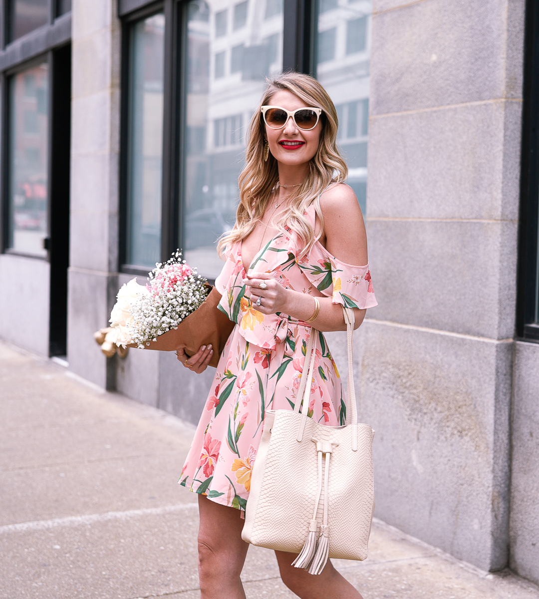 Blush pink cold shoulder dress by Privacy Please. 