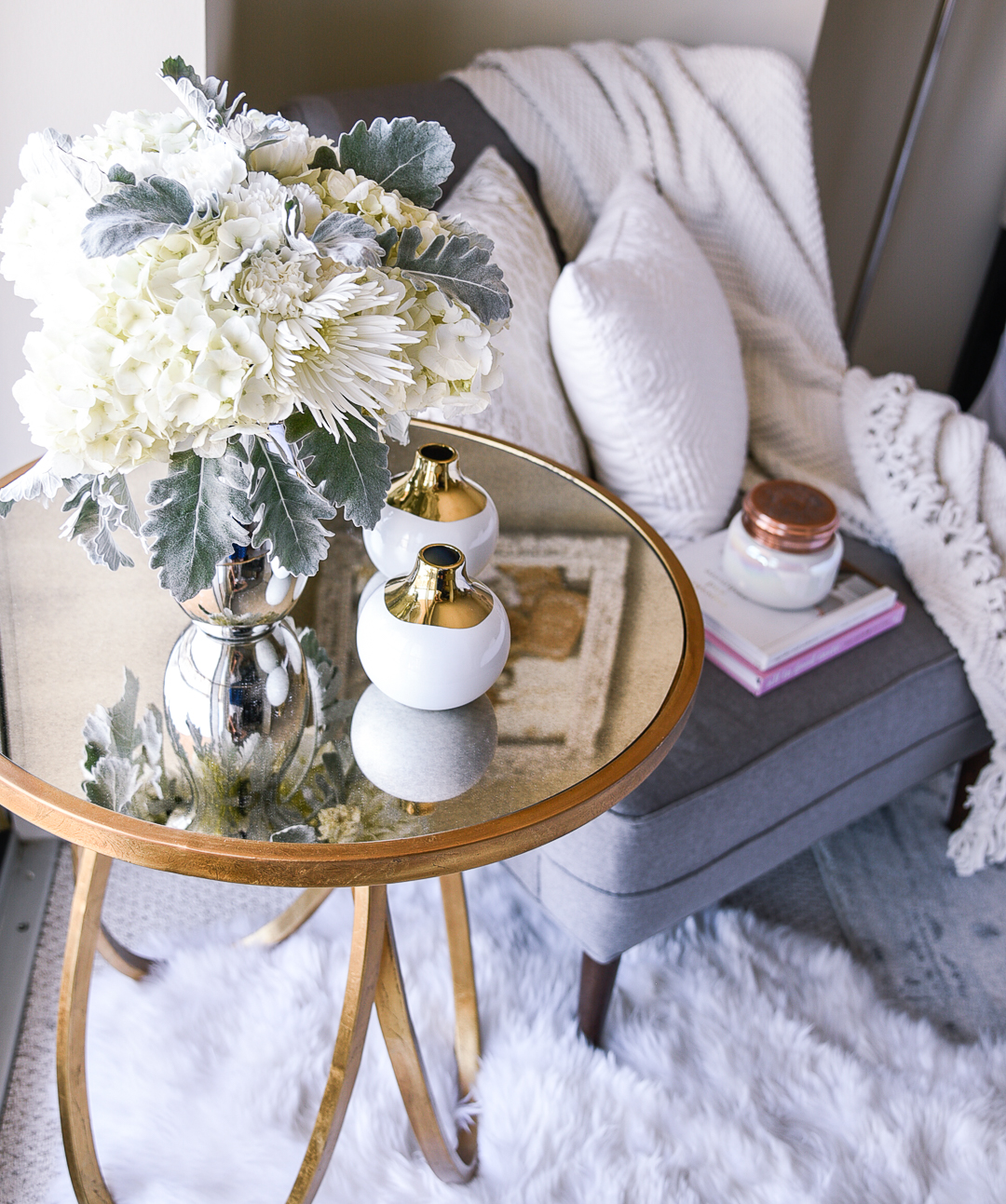 Gold mirrored end table for home design inspiration. 