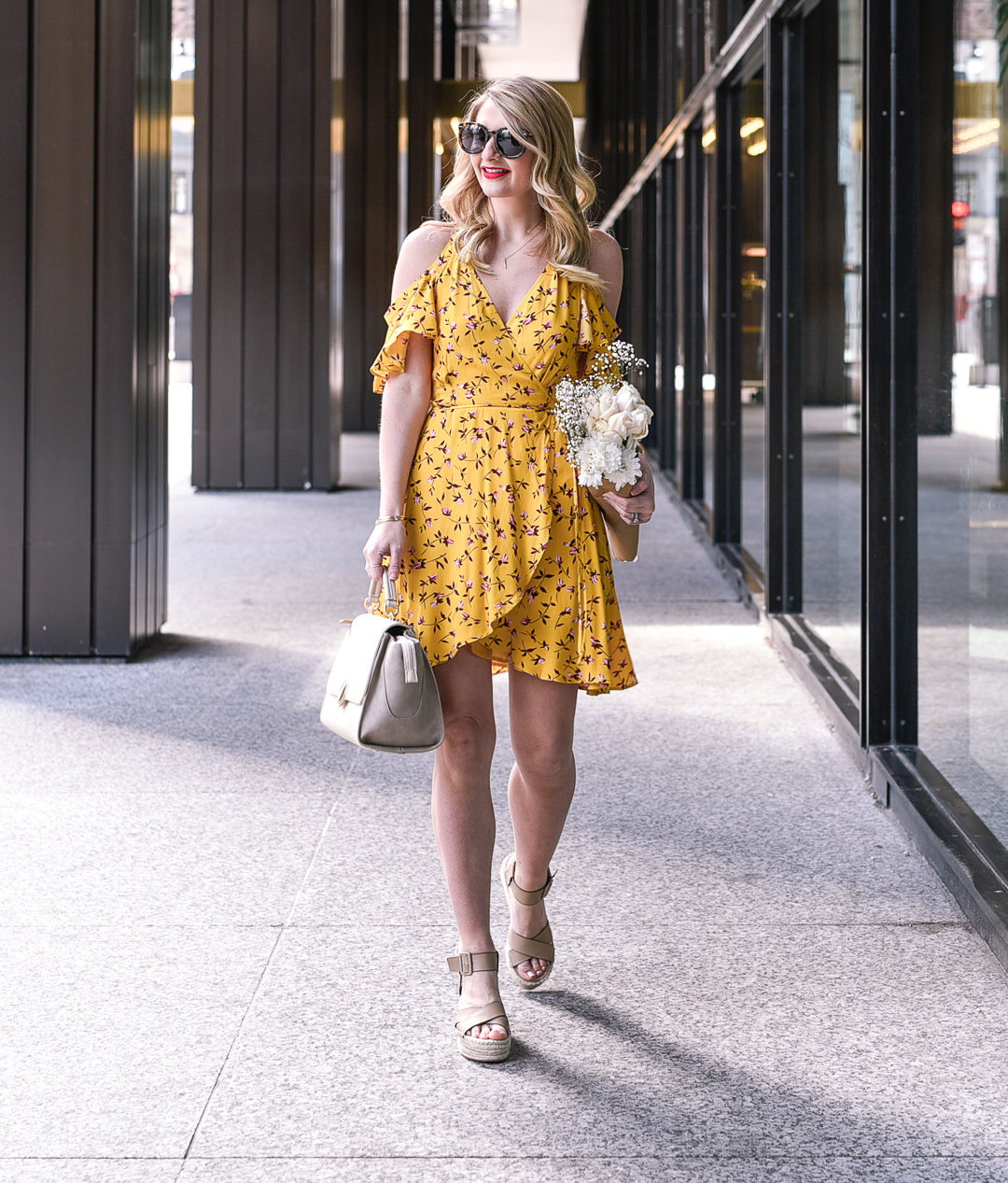 Mustard yellow floral wrap dress with Sole Society Audrina sandals.