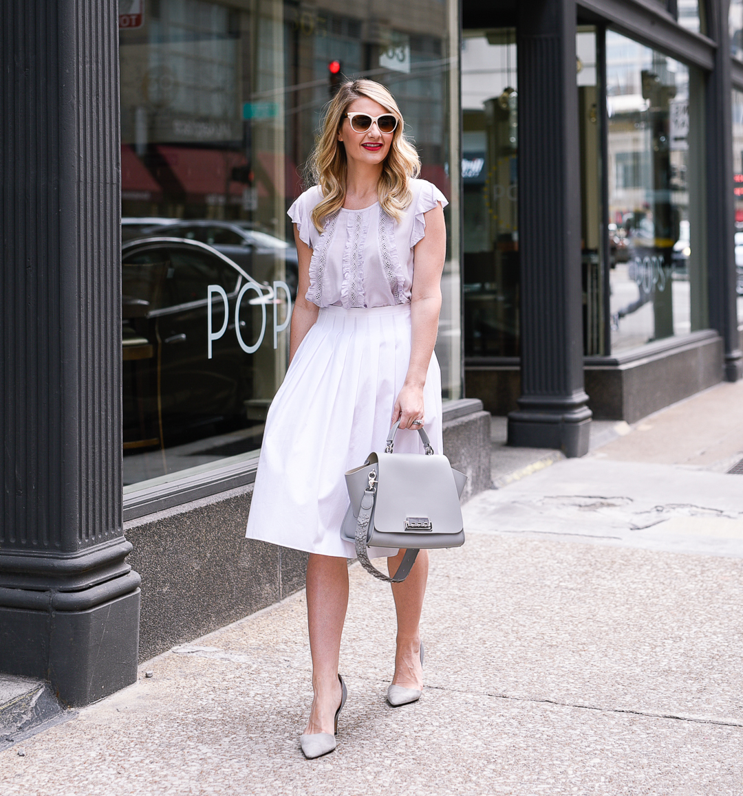 how to style a white pleated midi skirt for spring 