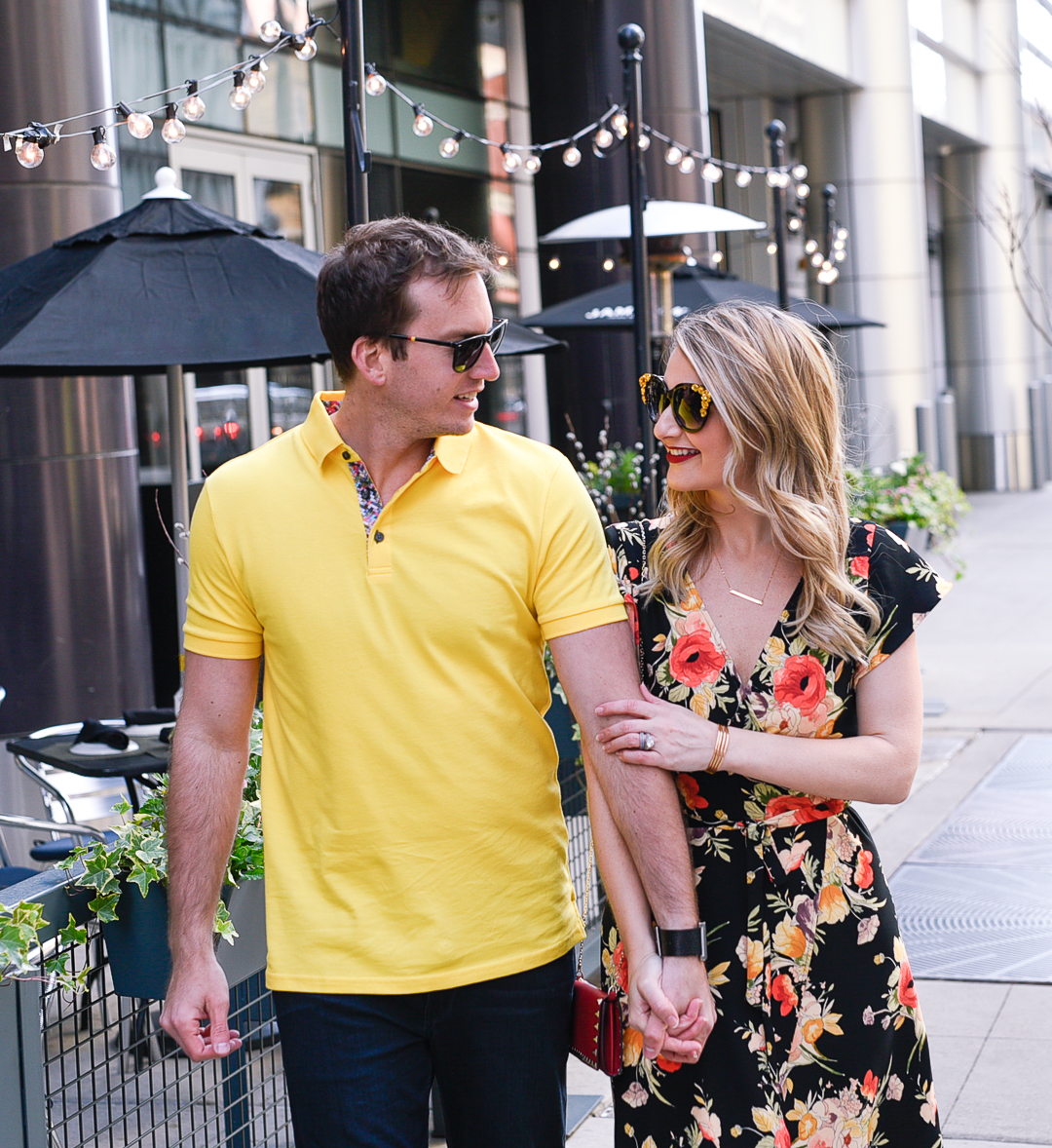 Sanctuary floral wrap dress and a Jared Lang yellow polo. 