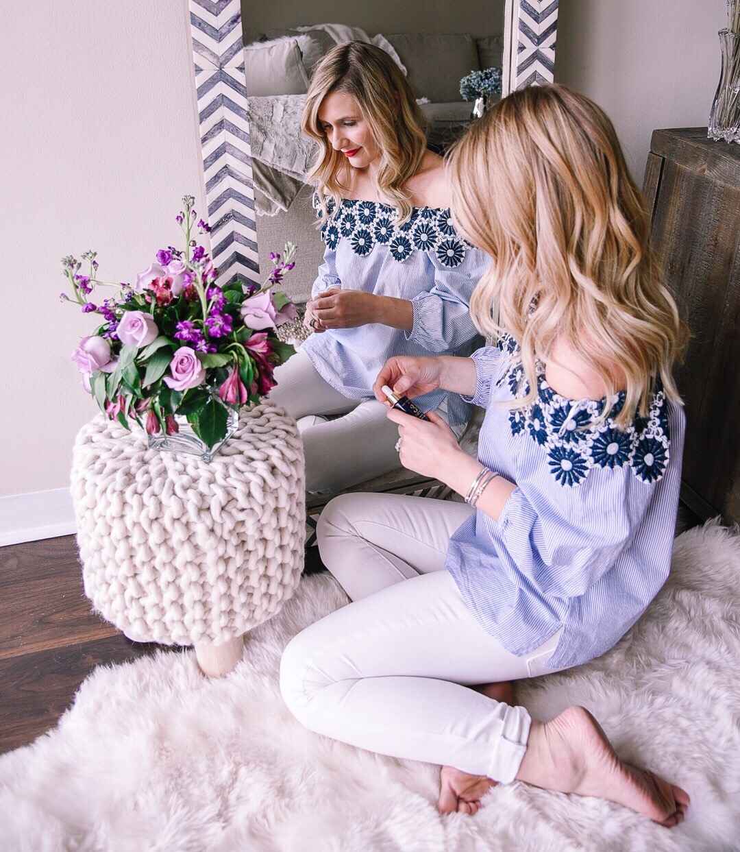 daisy chain off the shoulder striped blouse for spring