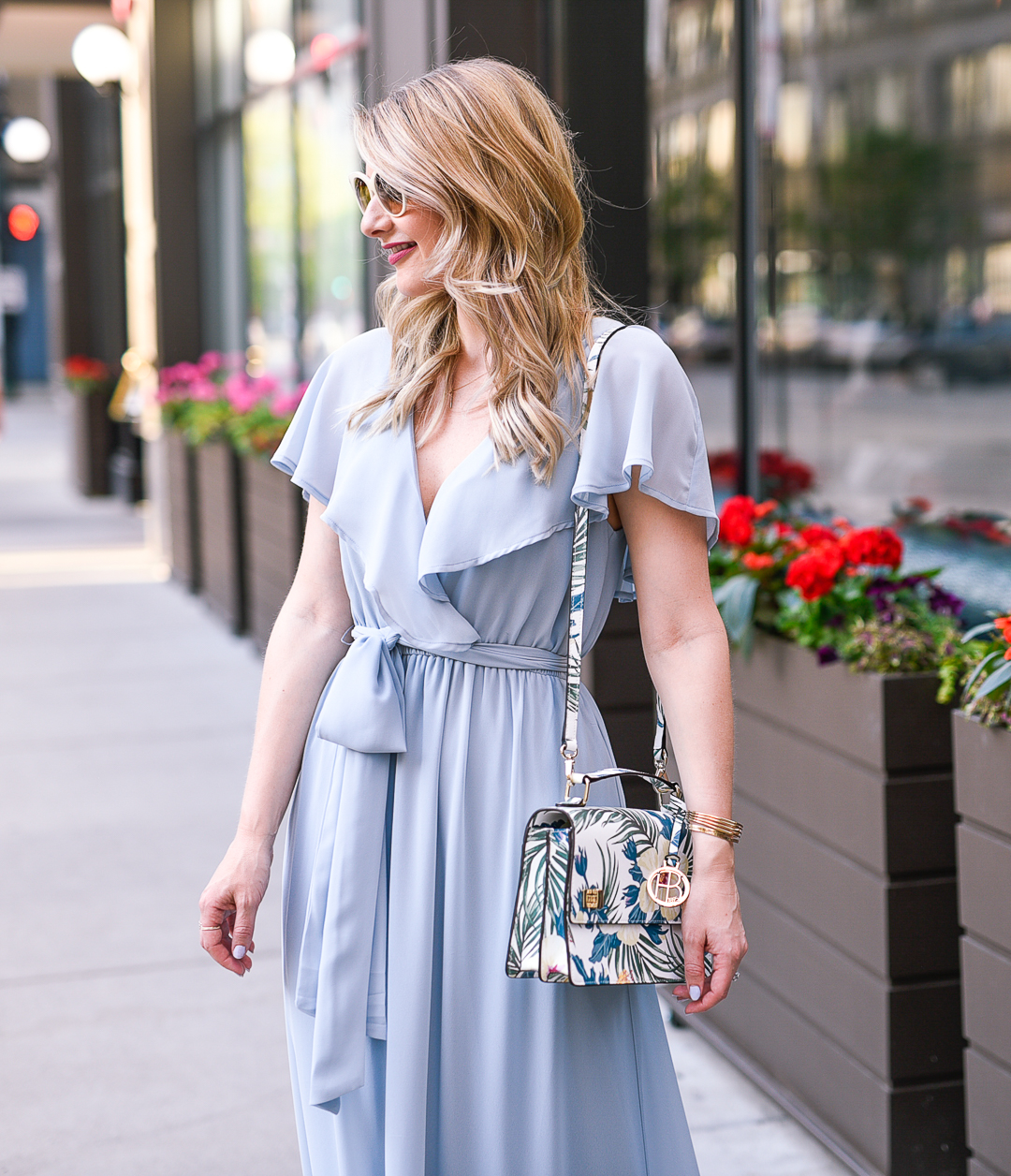 Ruffled blue chiffon maxi dress for a bridesmaid