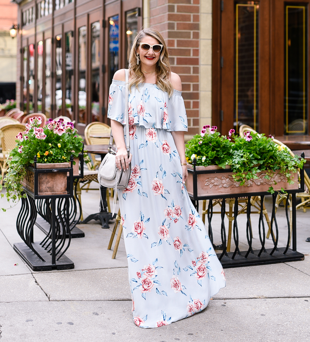 Show Me Your Mumu Off the Shoulder floral dress in light blue. 