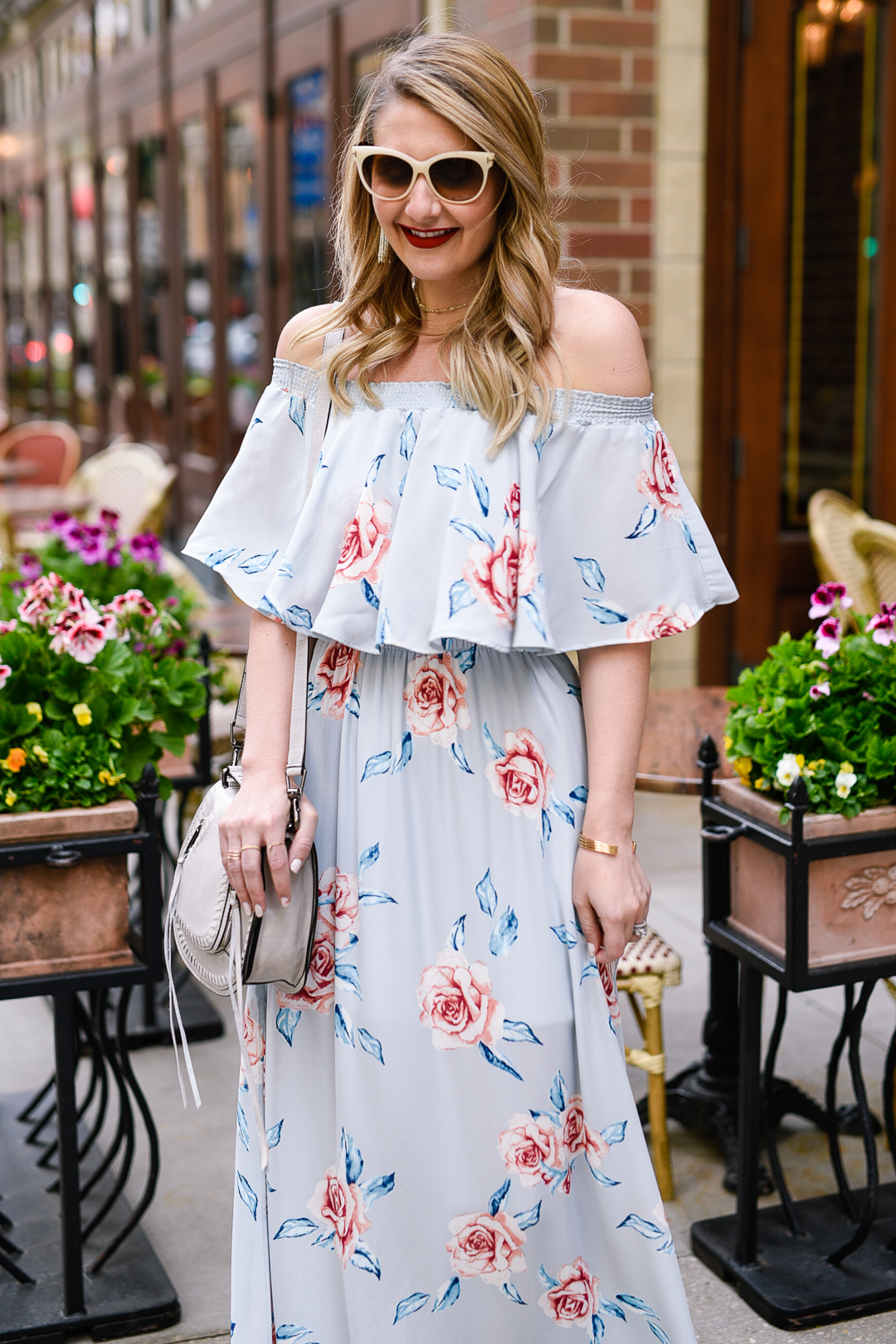 Pink peony printed dress with a rebecca minkoff crossbody bag