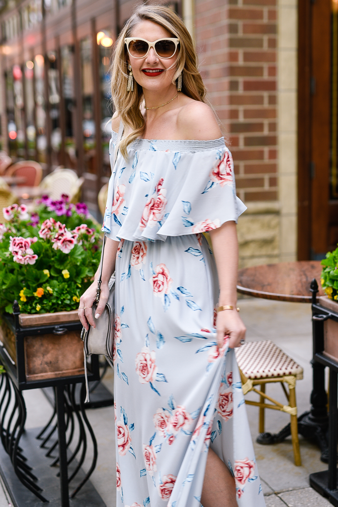 off the shoulder ruffled maxi dress in chiffon