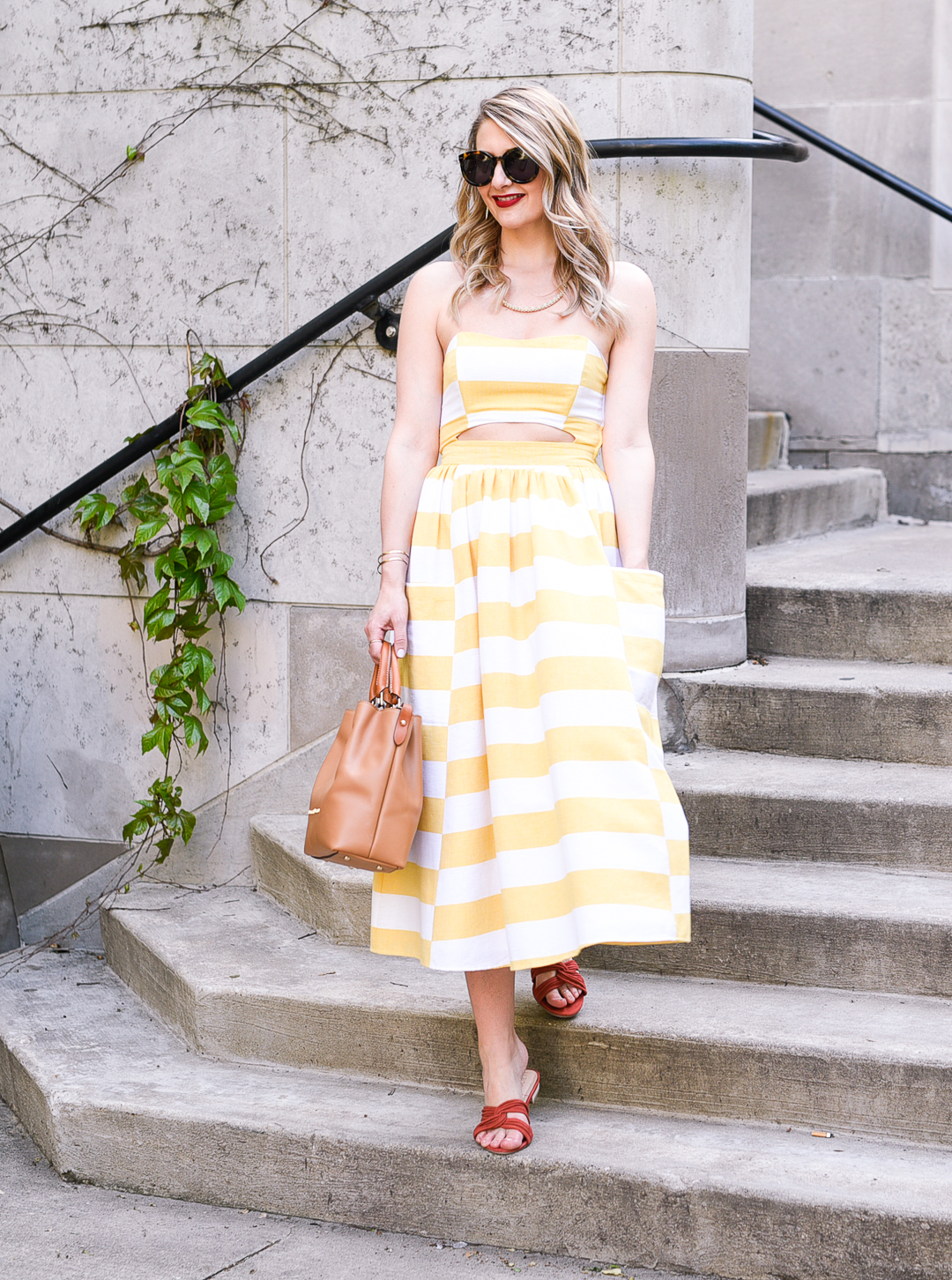 Mara Hoffman cut out midi dress in yellow stripes