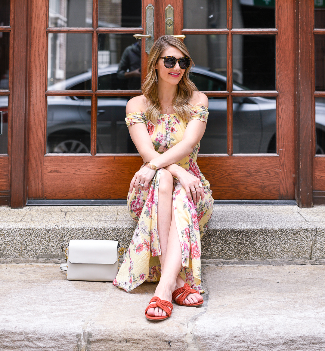 pastel yellow button down maxi dress with orange sandals