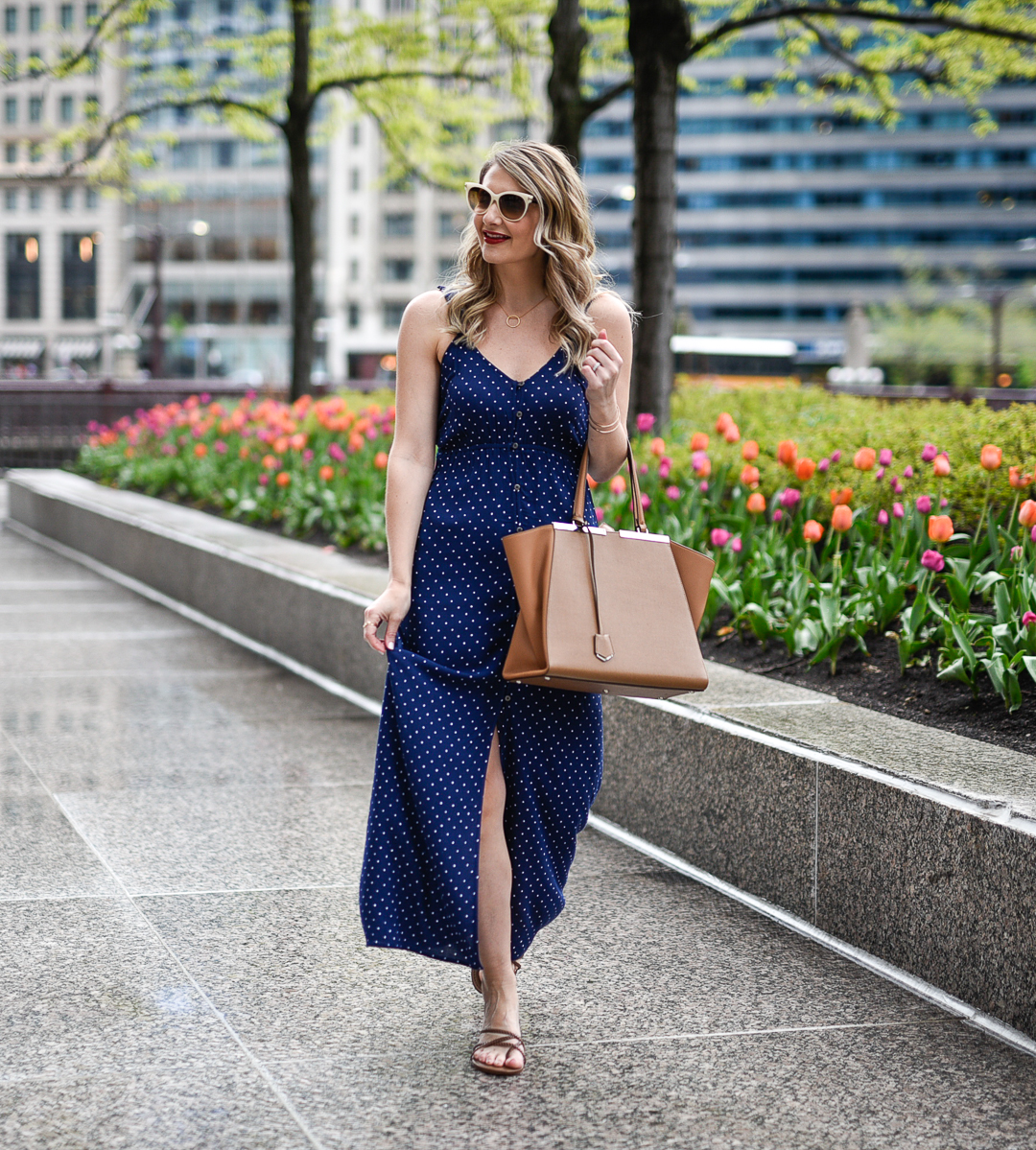 polka dot navy maxi dress with button front by billabong