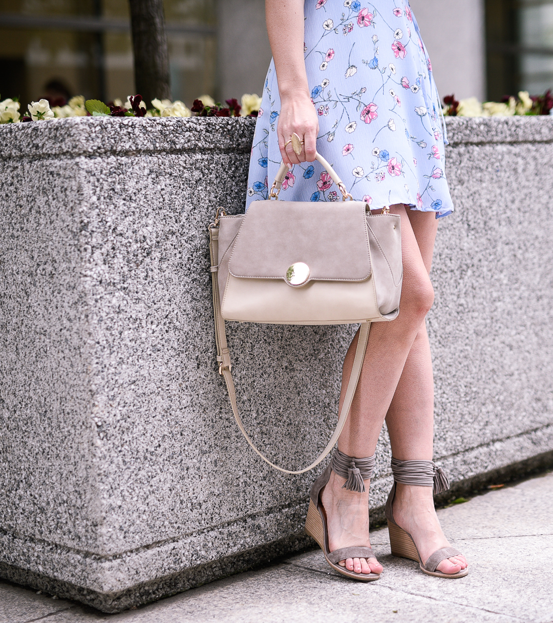 Taupe tassel wedge sandals and an affordable crossbody bag from Sole Society 