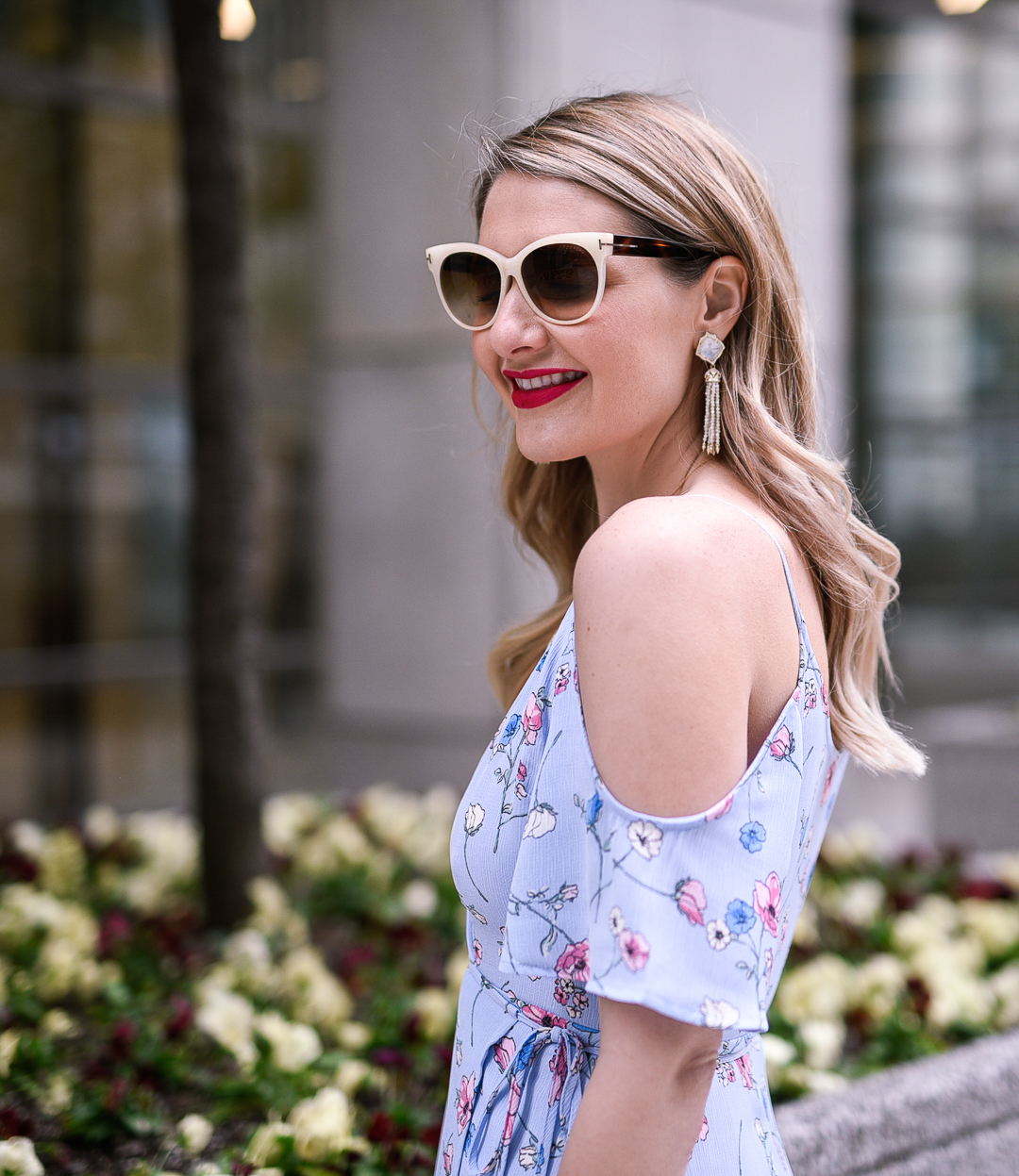 Kendra Scott Tassel Earrings and a cold shoulder dress. 