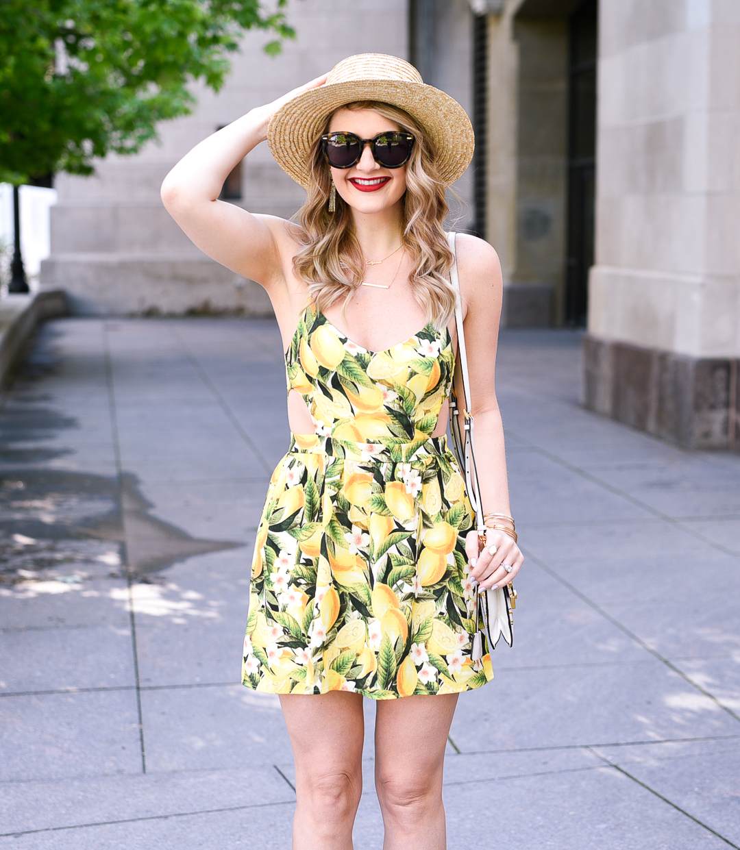 red liquid lipstick and a straw hat - summer outfit ideas