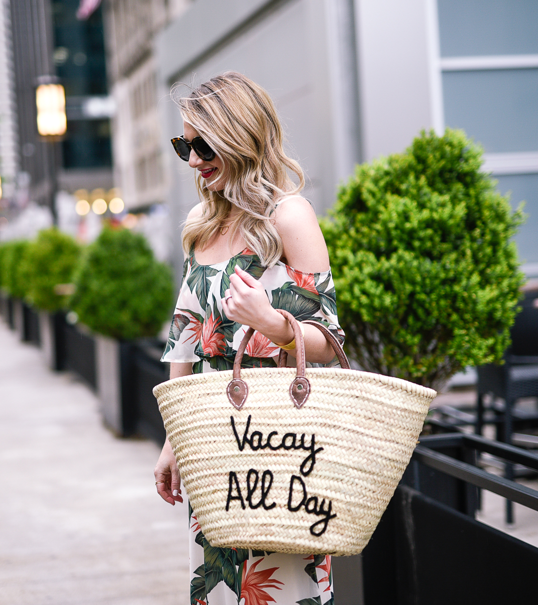 Woven beach bag tote with "Vacay All Day" embroidered. 