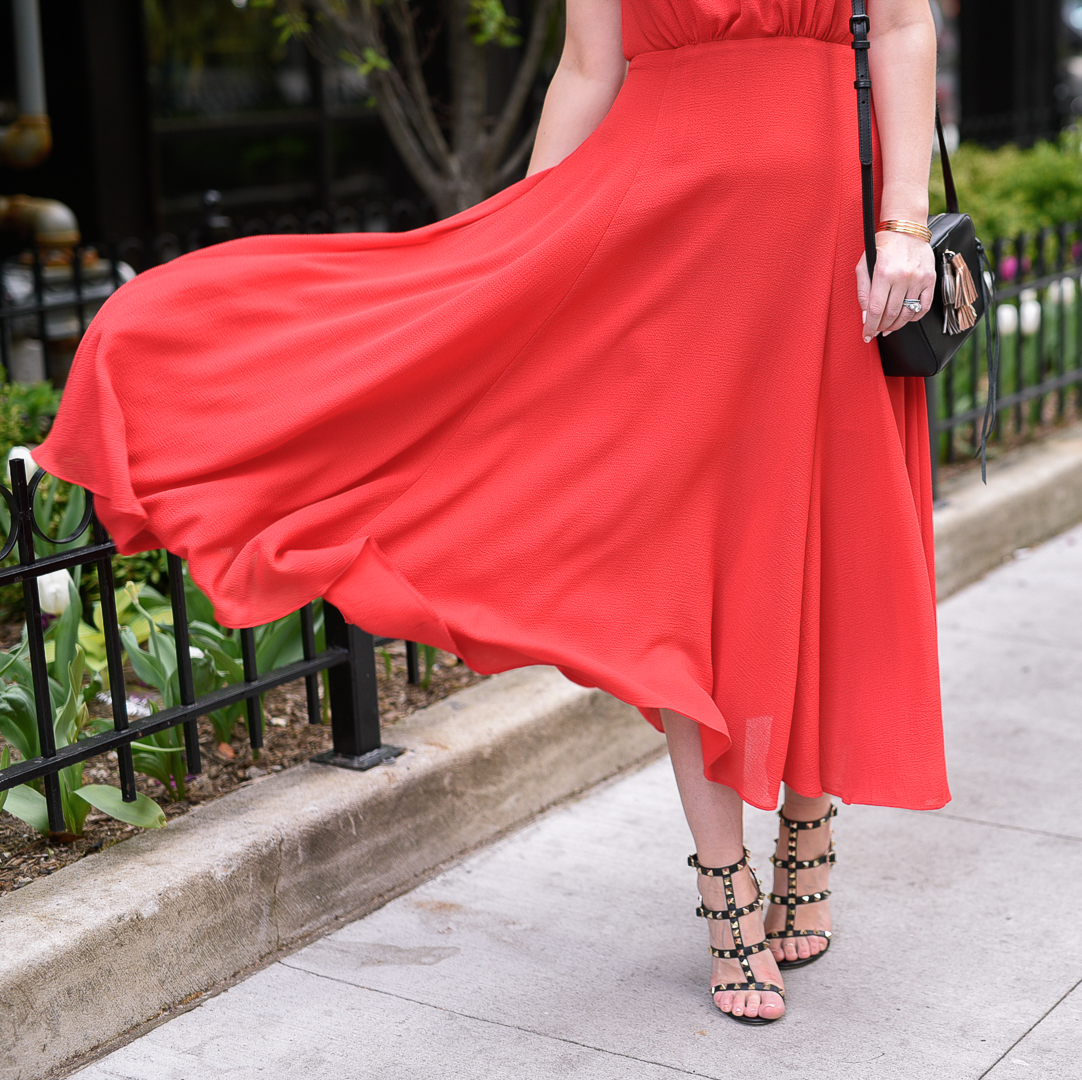 windblow red skirt with valentino rockstud heels 
