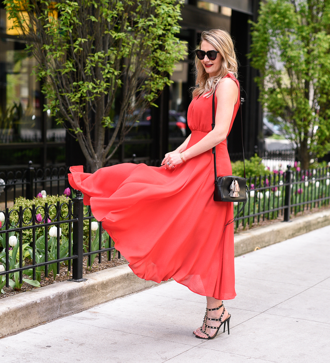 A red midi dress with tie shoulder straps 