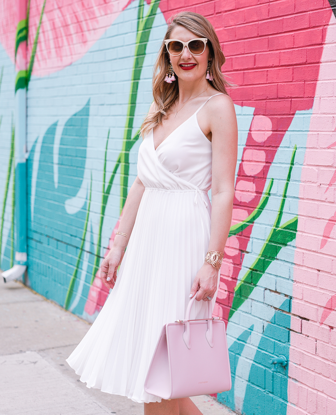 a pleated fit and flare dress for a bridal shower 