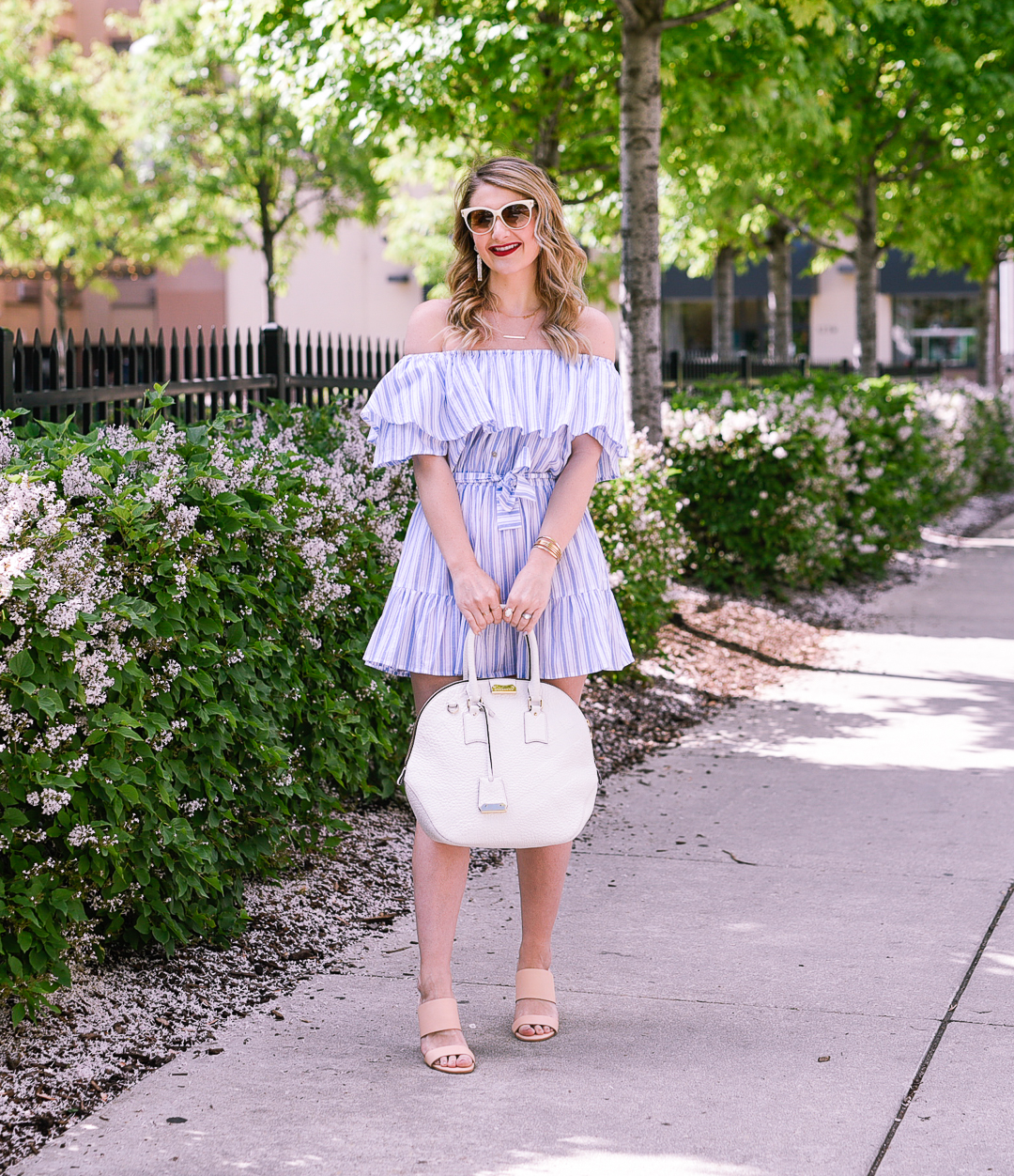 blue and white striped off the shoulder dress 