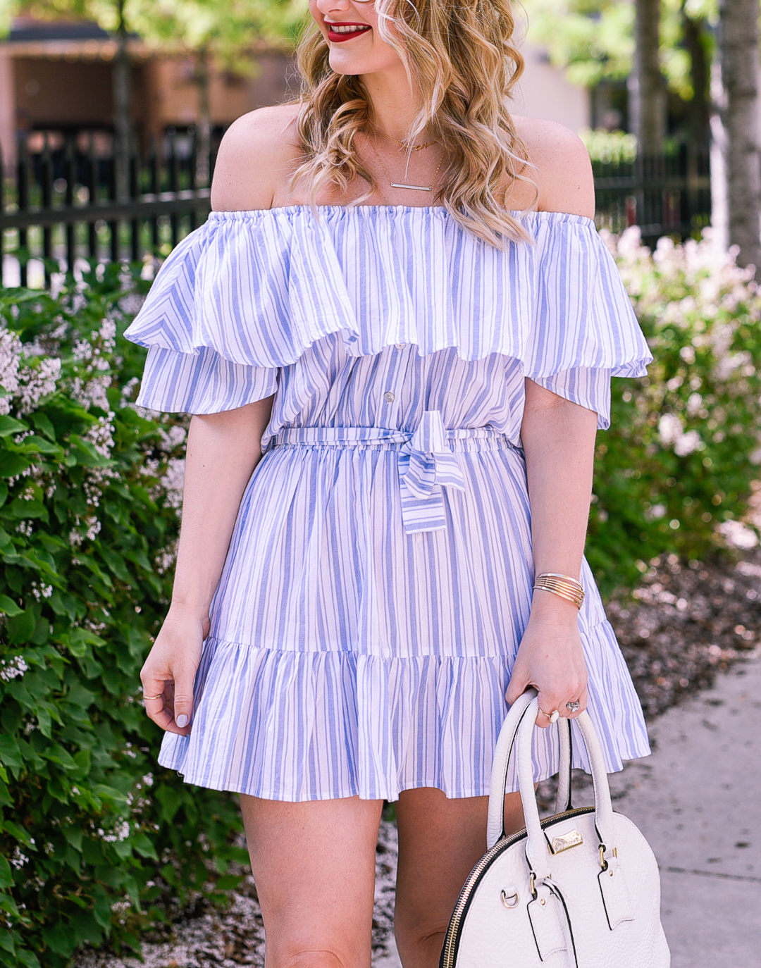 ruffled blue and white dress with a tie waist 