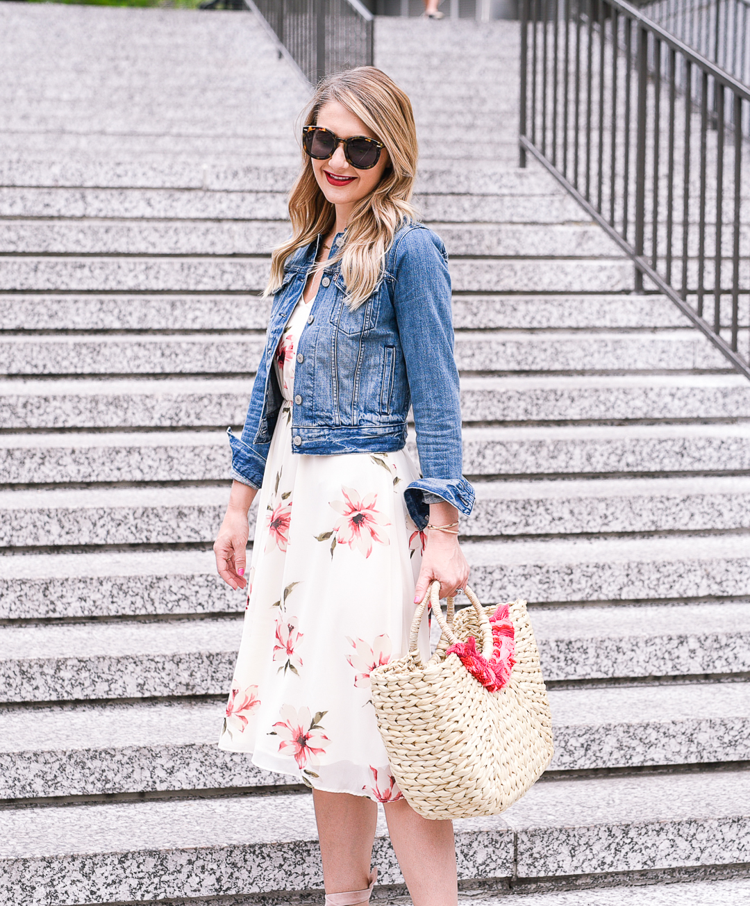 white dress and a denim jacket 