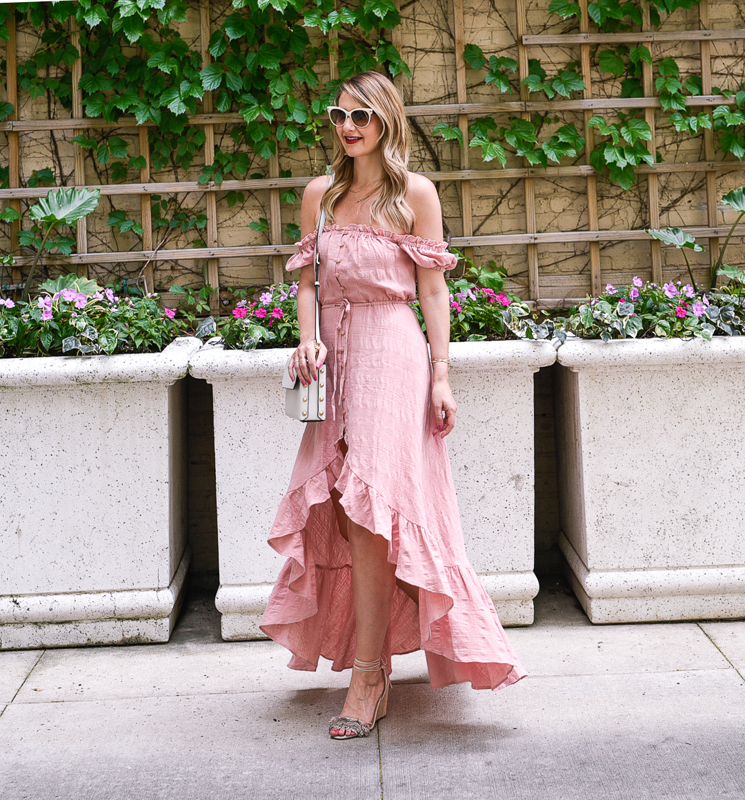 ruffled maxi dress in blush pink for summer 