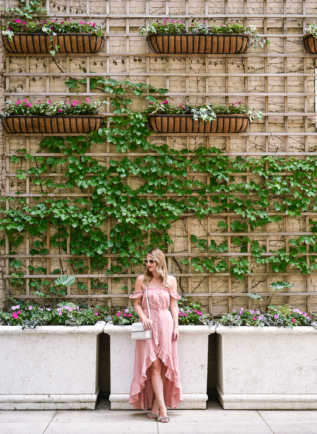 pink ruffled high low off the shoulder dress
