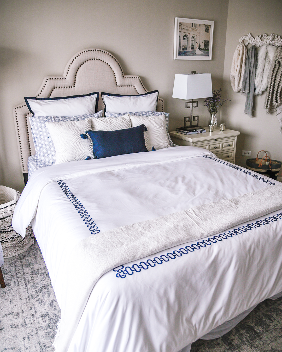 white duvet cover with navy blue embroidery 