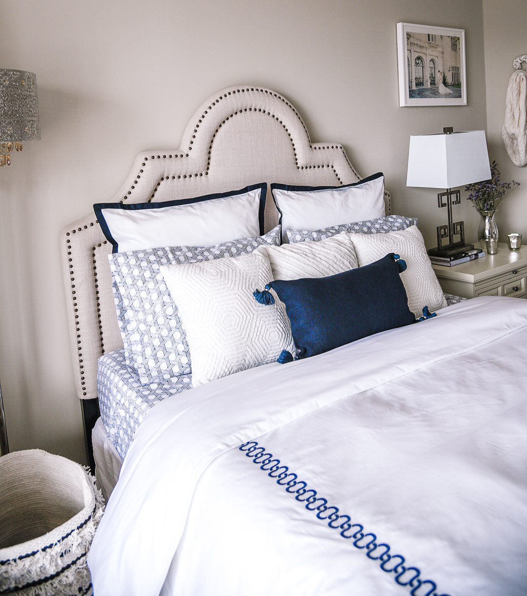 navy and white accent pillows by serena and lily