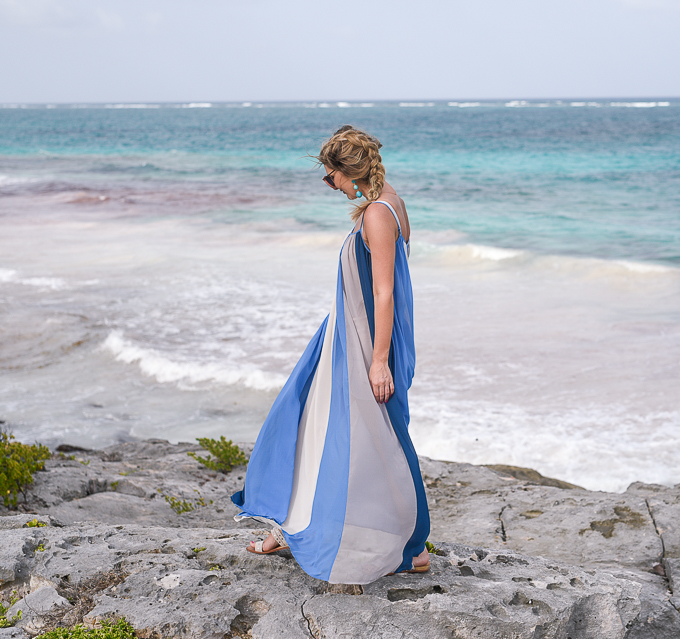 blue striped maxi dress in tulum mexico