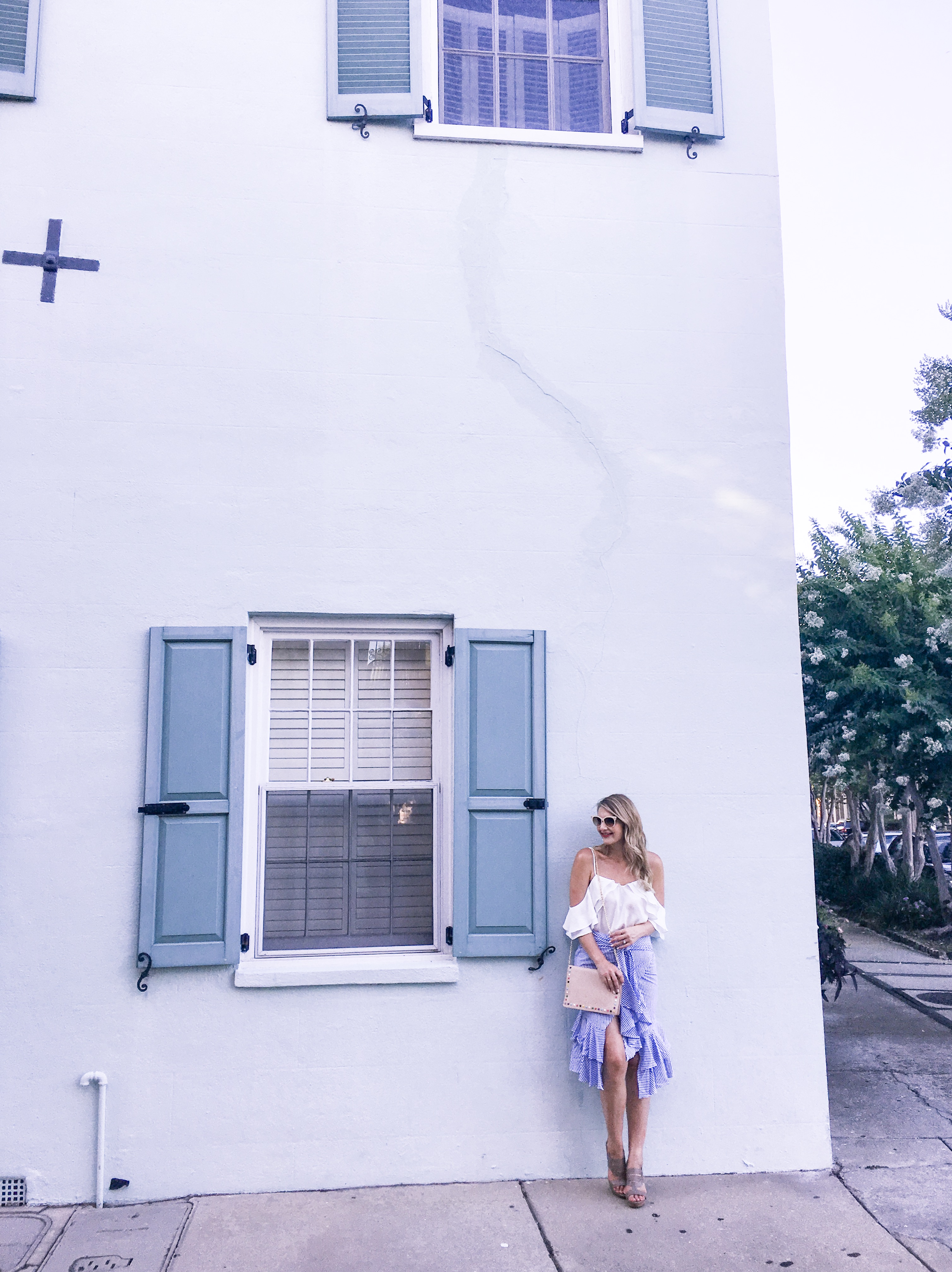 blue ruffled skirt on rainbow row in charleston