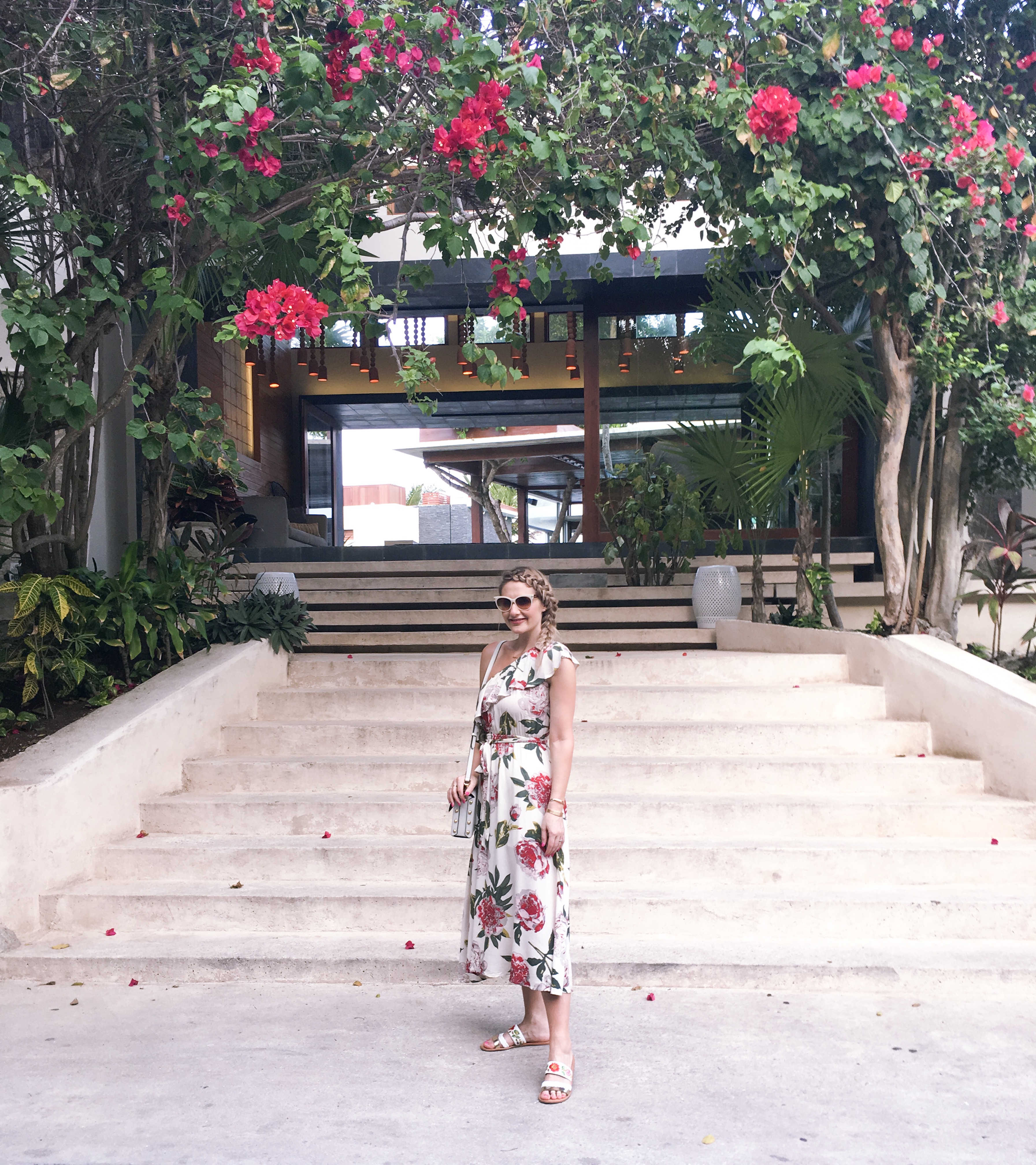 bougainvillea and a floral one shoulder dress