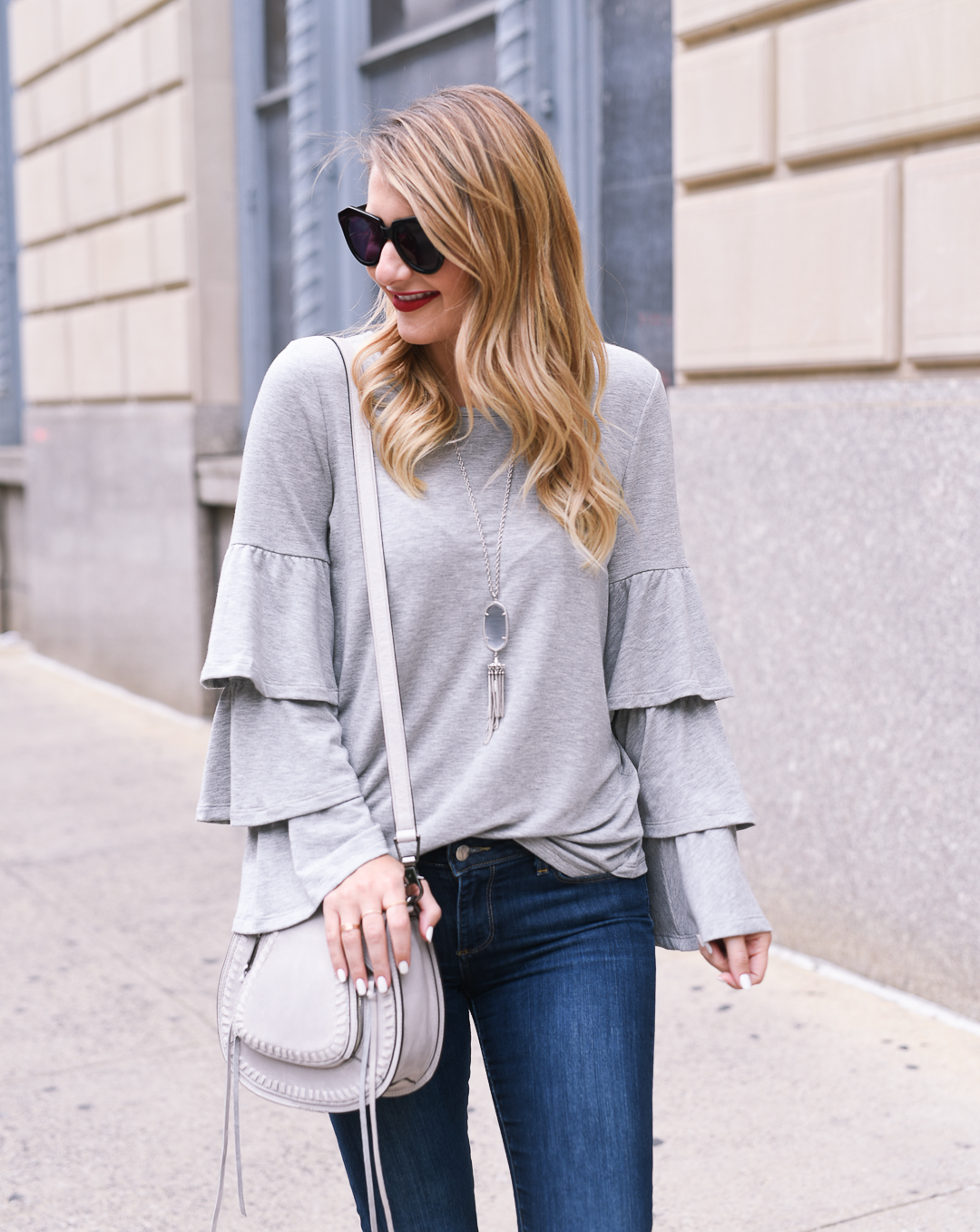grey tiered sleeve sweater