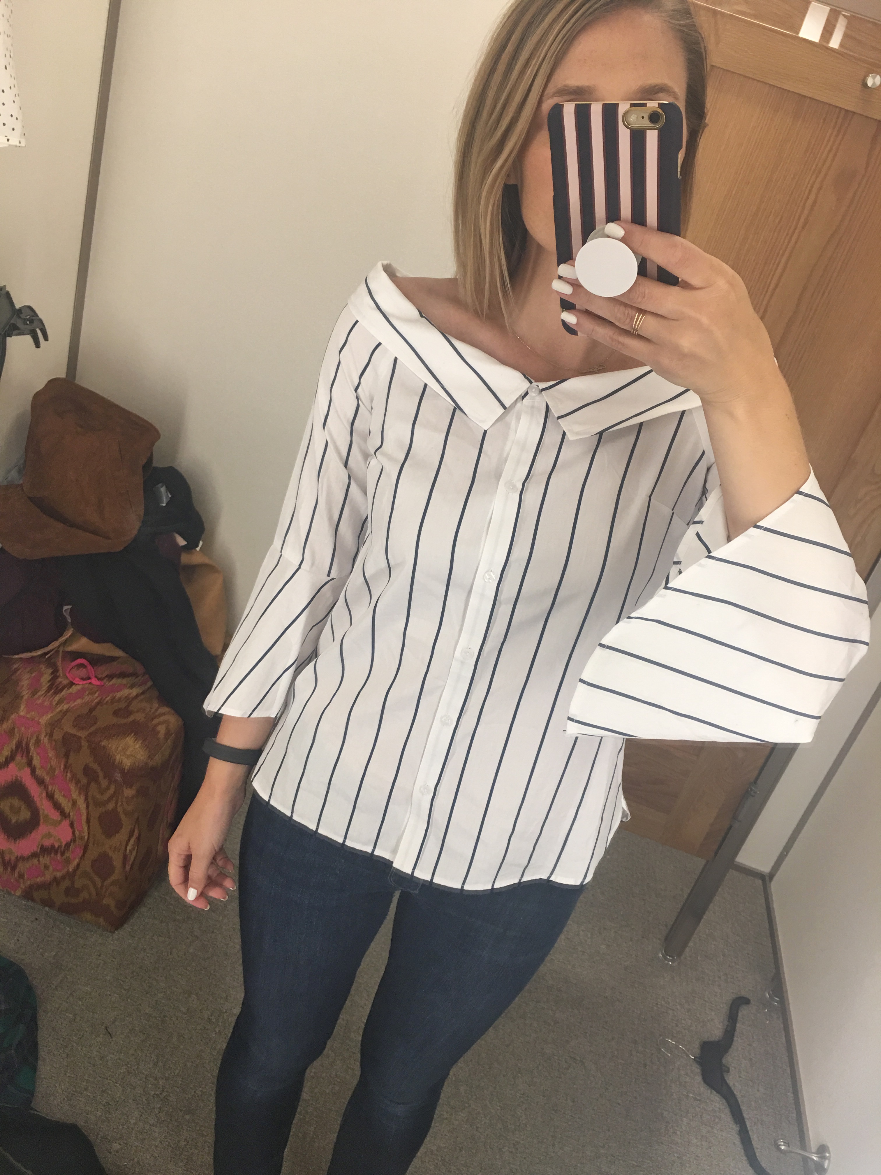 white striped off the shoulder top