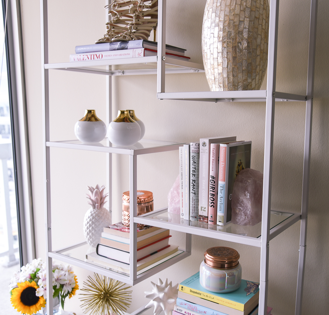 gold dipped vases and pink quartz bookends