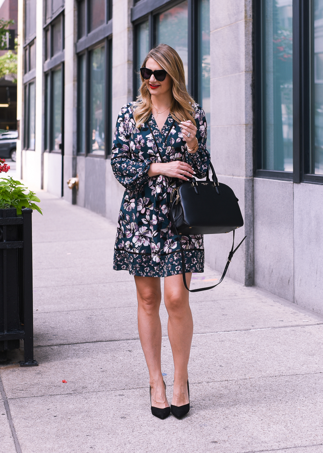 faux wrap floral dress bell sleeves