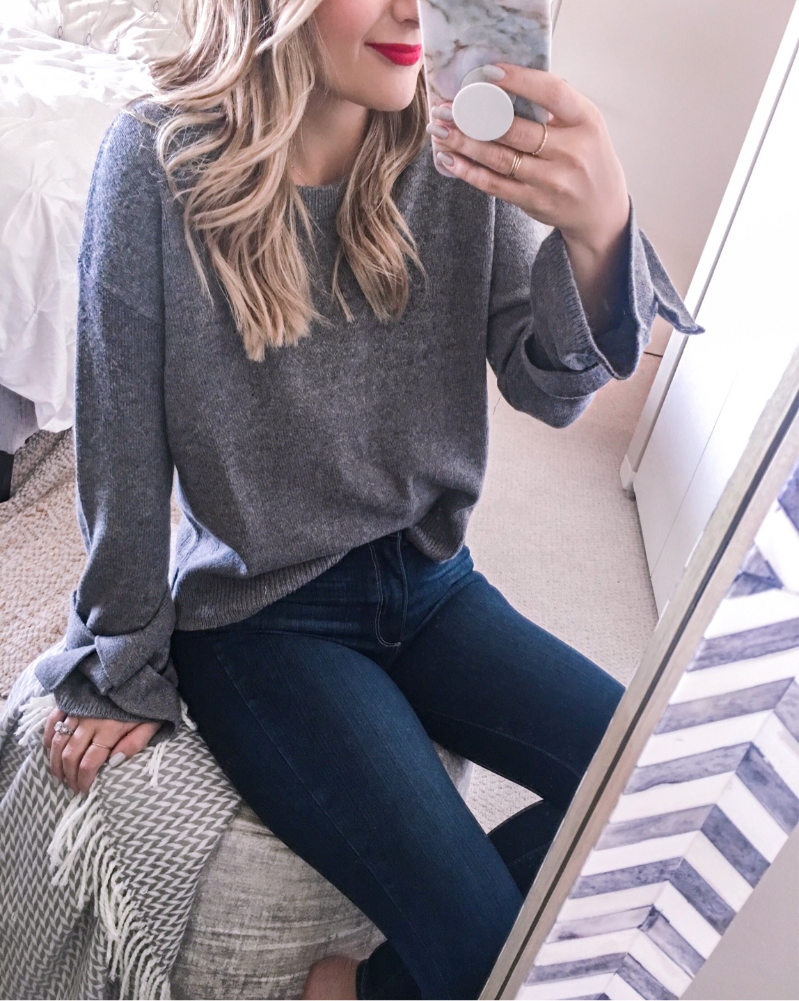 grey tie sleeve sweater