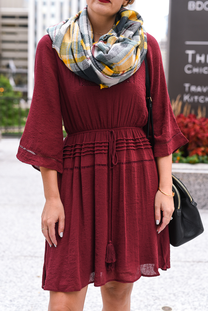 bell sleeve dress in oxblood