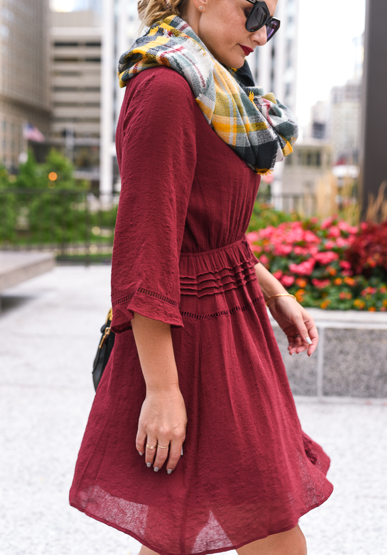 bell sleeve burgundy dress