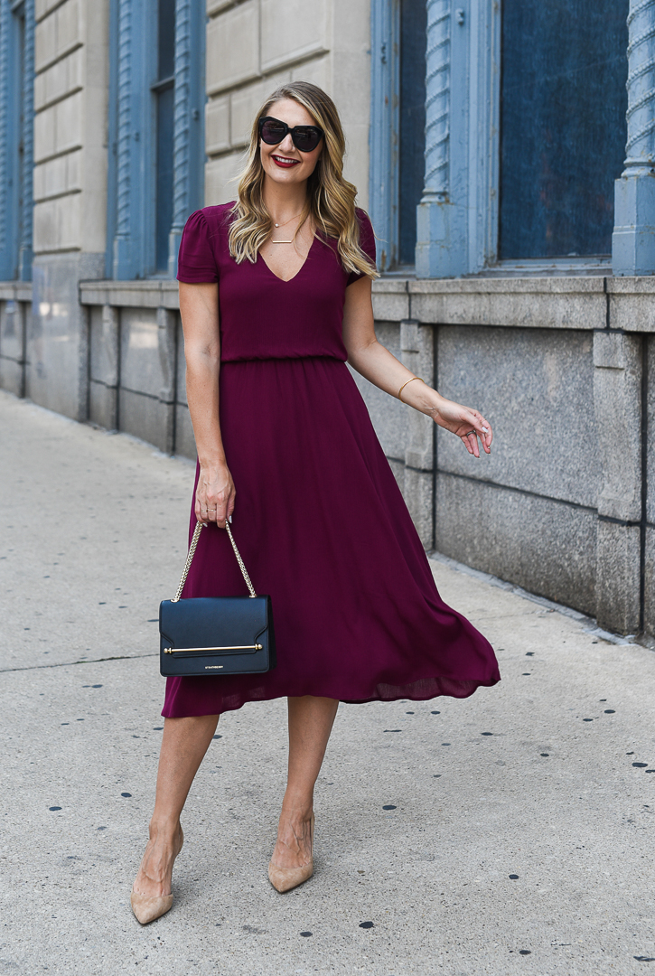 burgundy dress for work - Stylish Office Outfits by popular Chicago fashion blogger Visions of Vogue