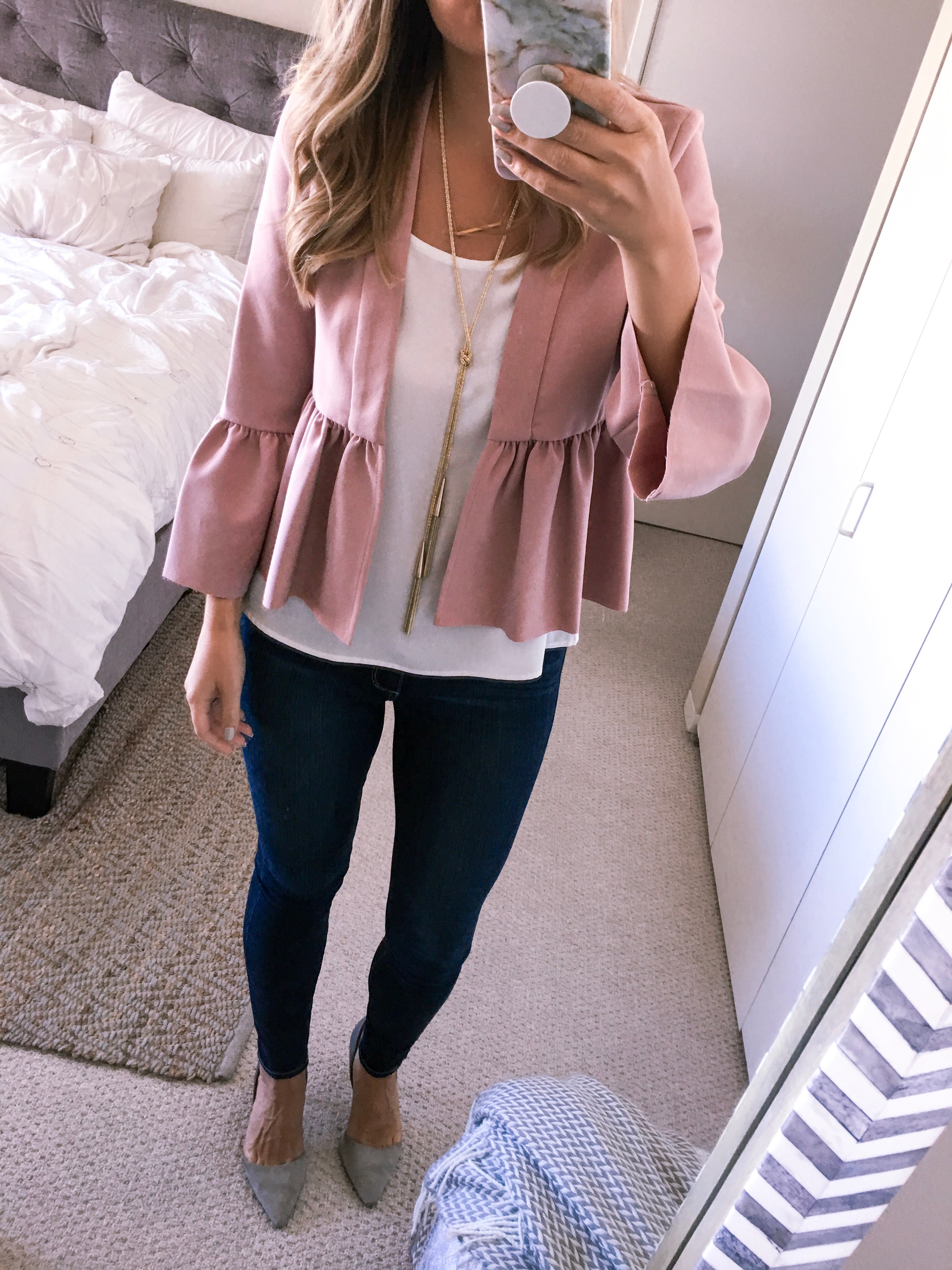 pink ruffle hem blazer