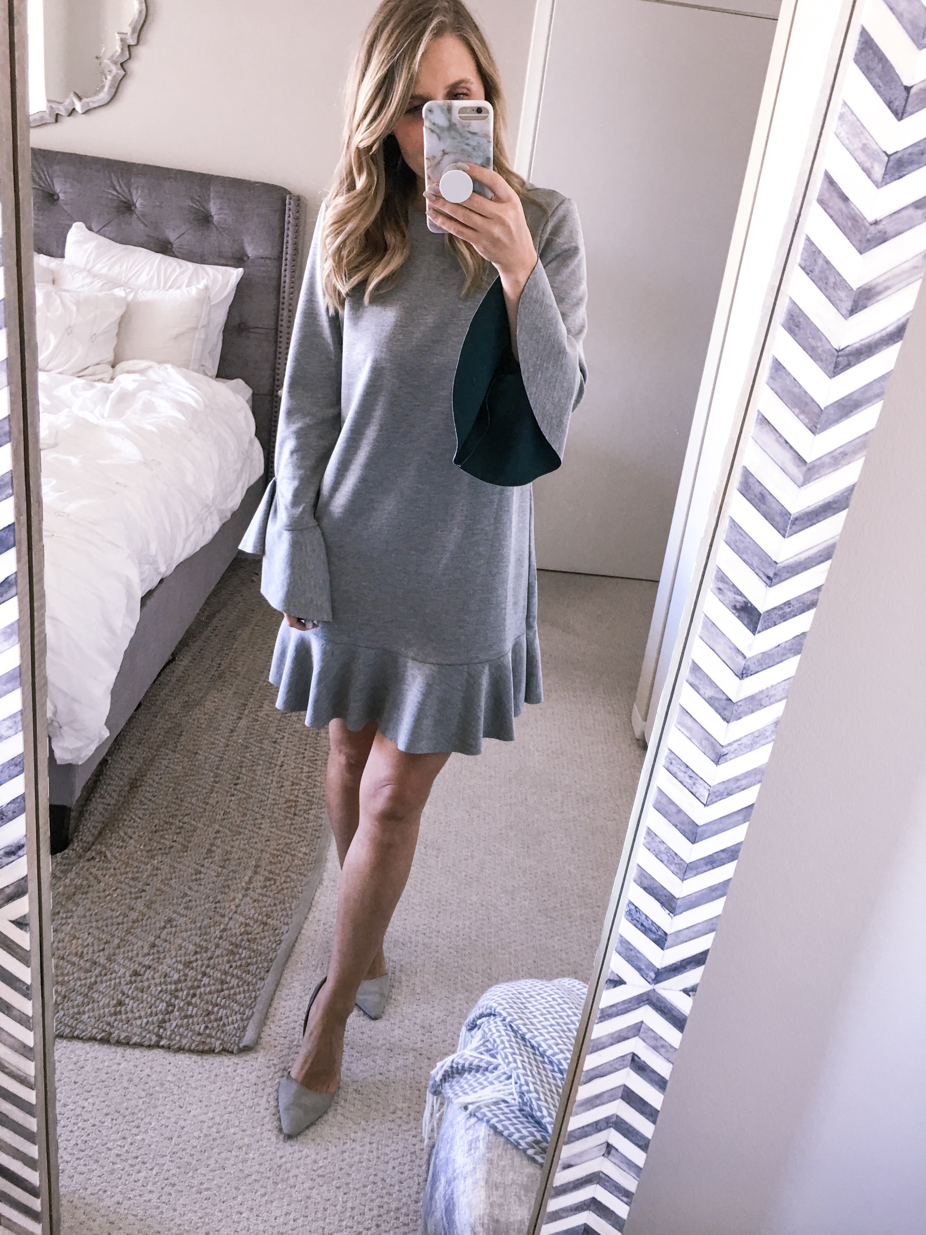 grey bell sleeve dress for the office