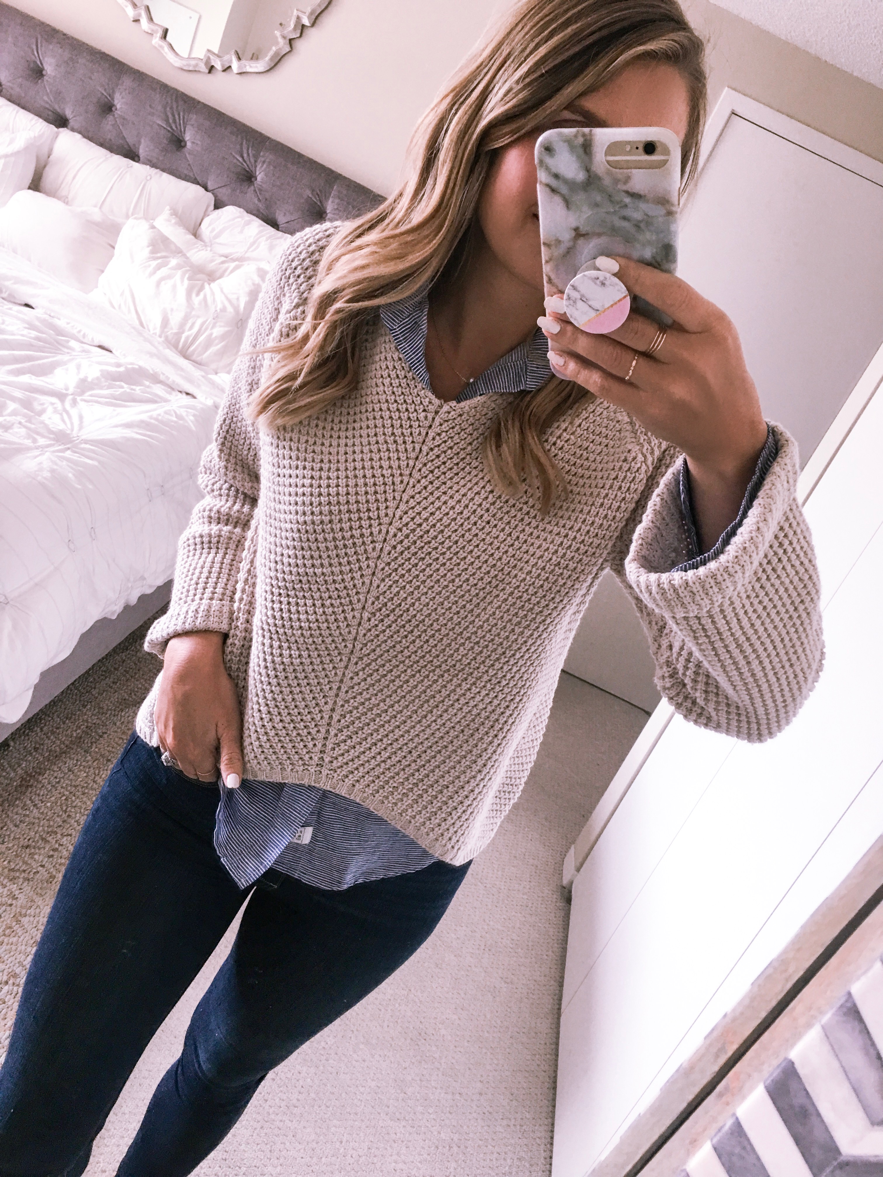 beige knit sweater, blue button down, high waist hoxton skinny jeans