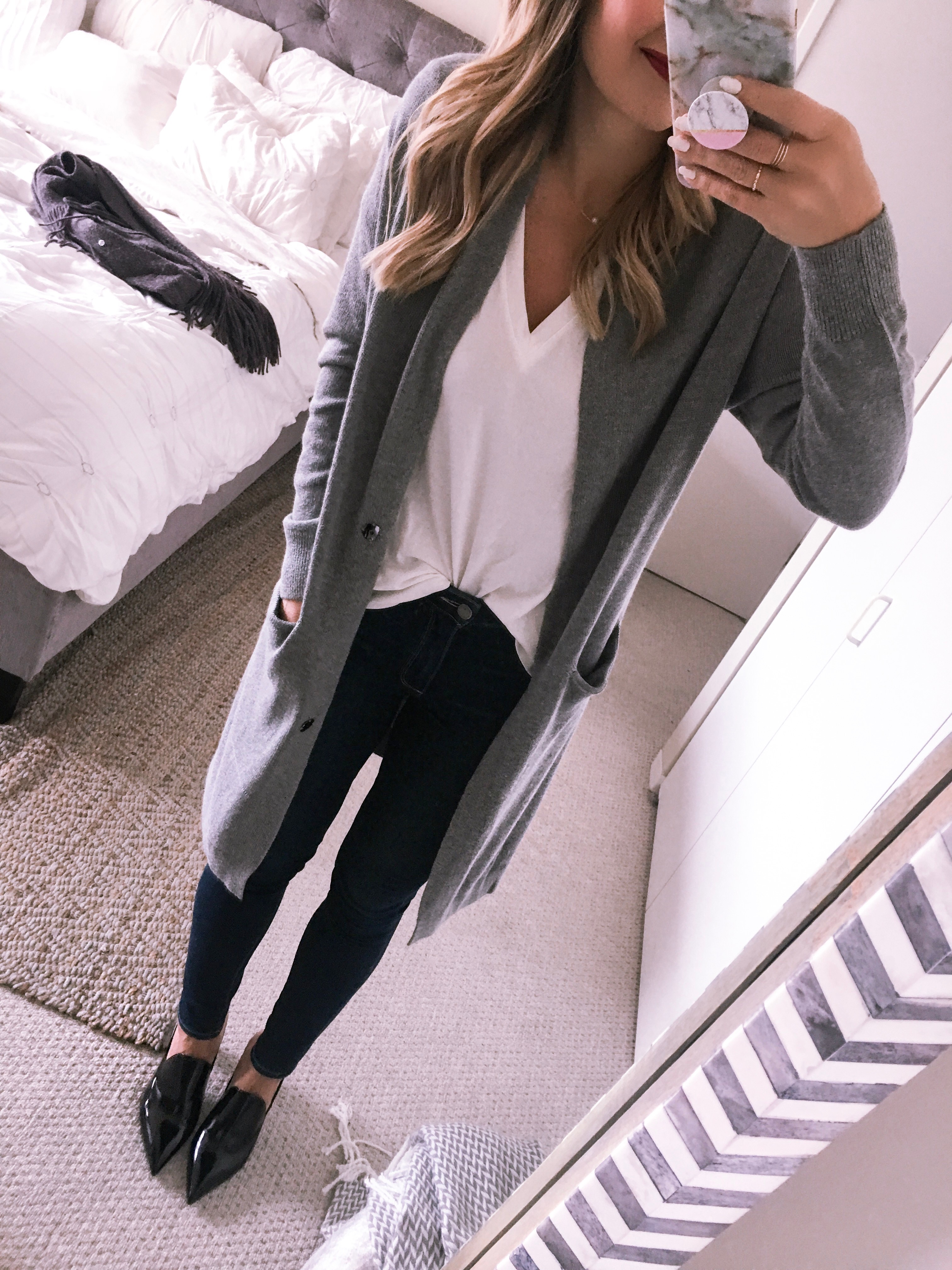 grey cardigan duster with a tucked in white tee