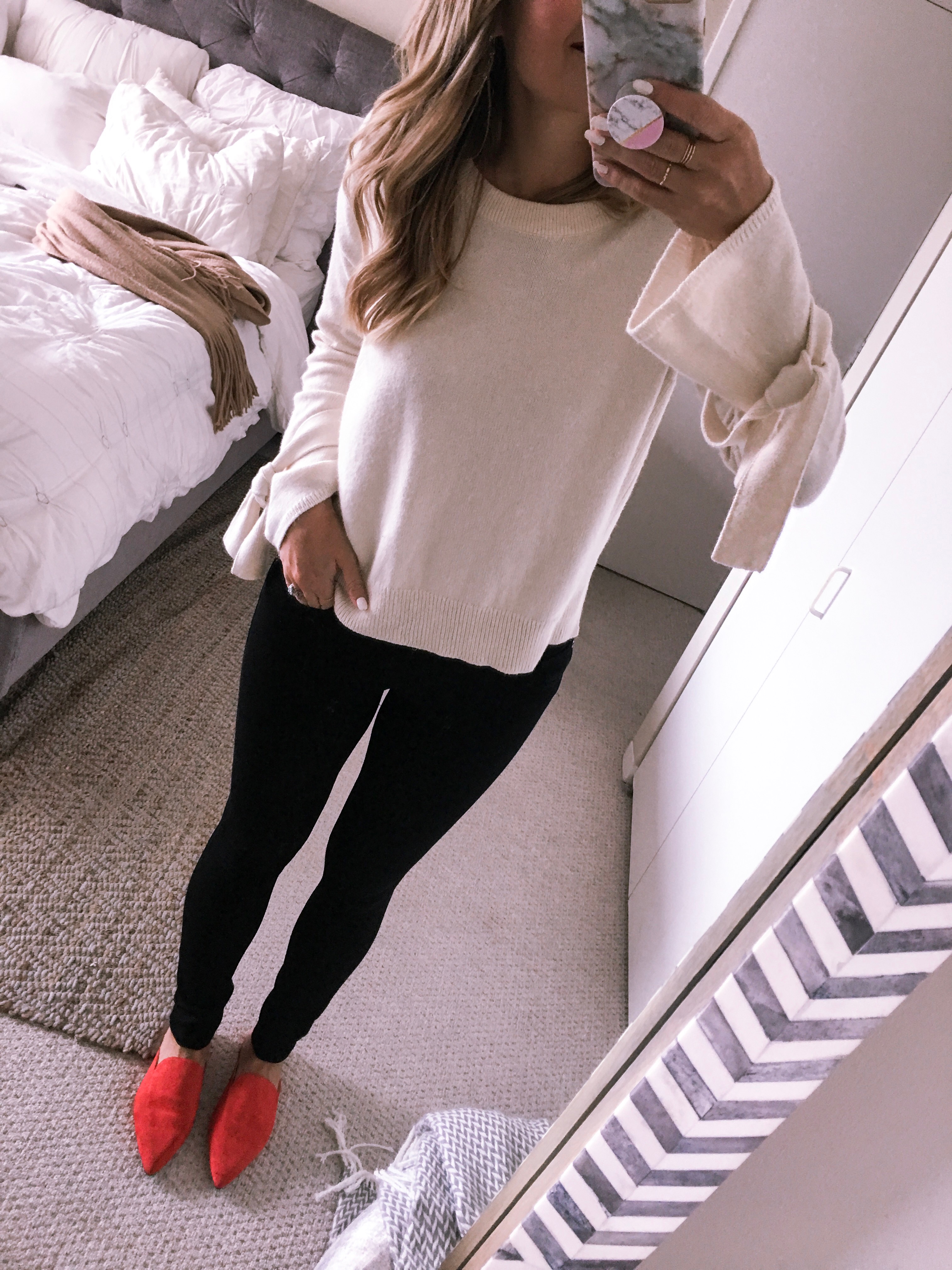 madewell tie sleeve sweater, dl1961 instasculpt denim, and cole haan loafer mule