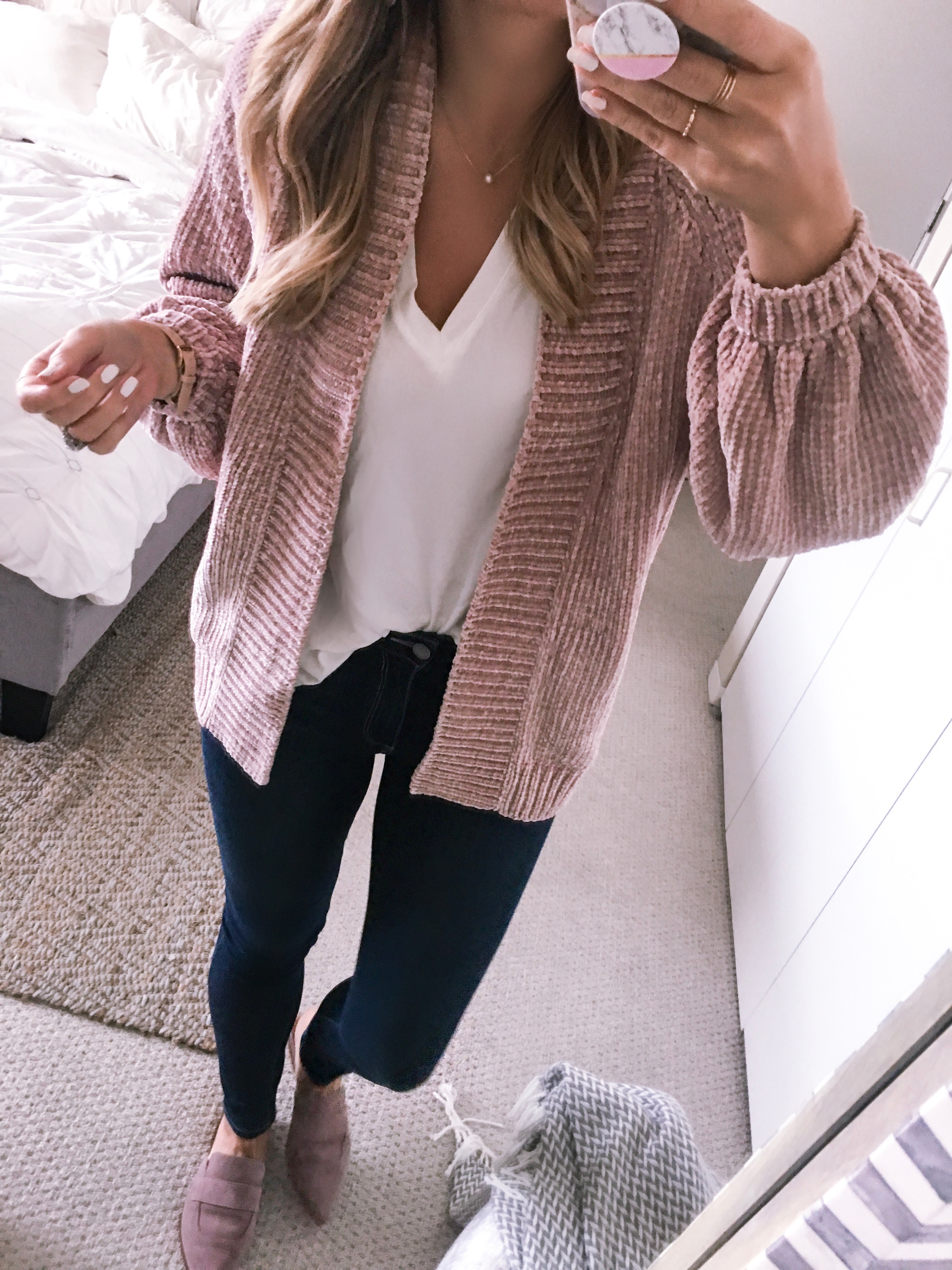 pink chenile cardigan and high waist skinny jeans