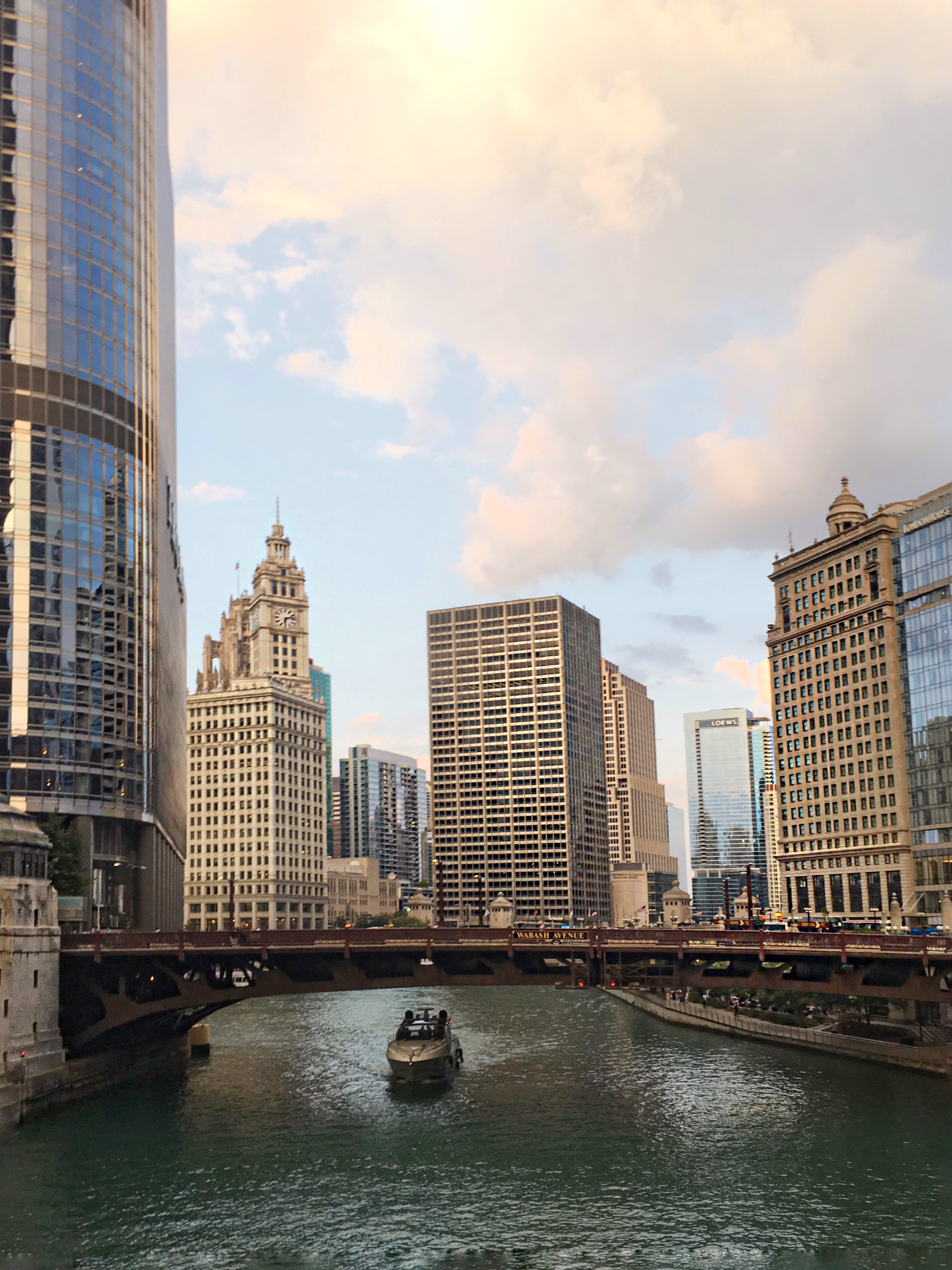 chicago river at sunset