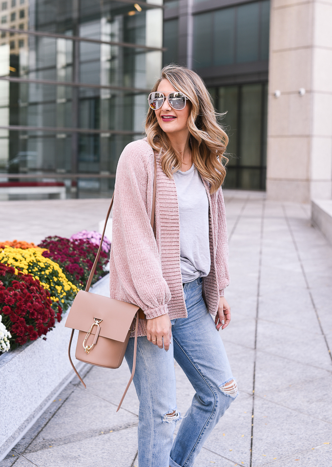 affordable pink sunglasses with a chenille blush sweater