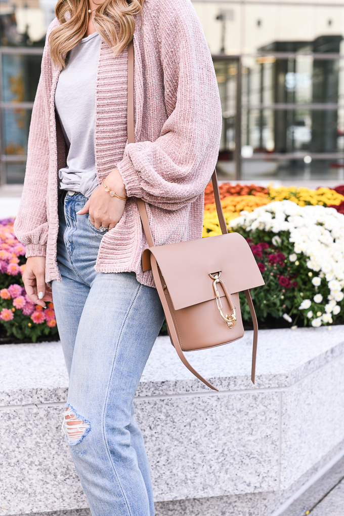 a blush pink leather bag for fall style