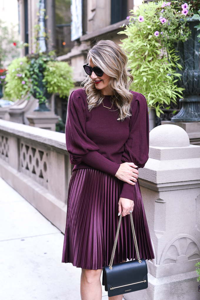 burgundy knit sweater and silk skirt