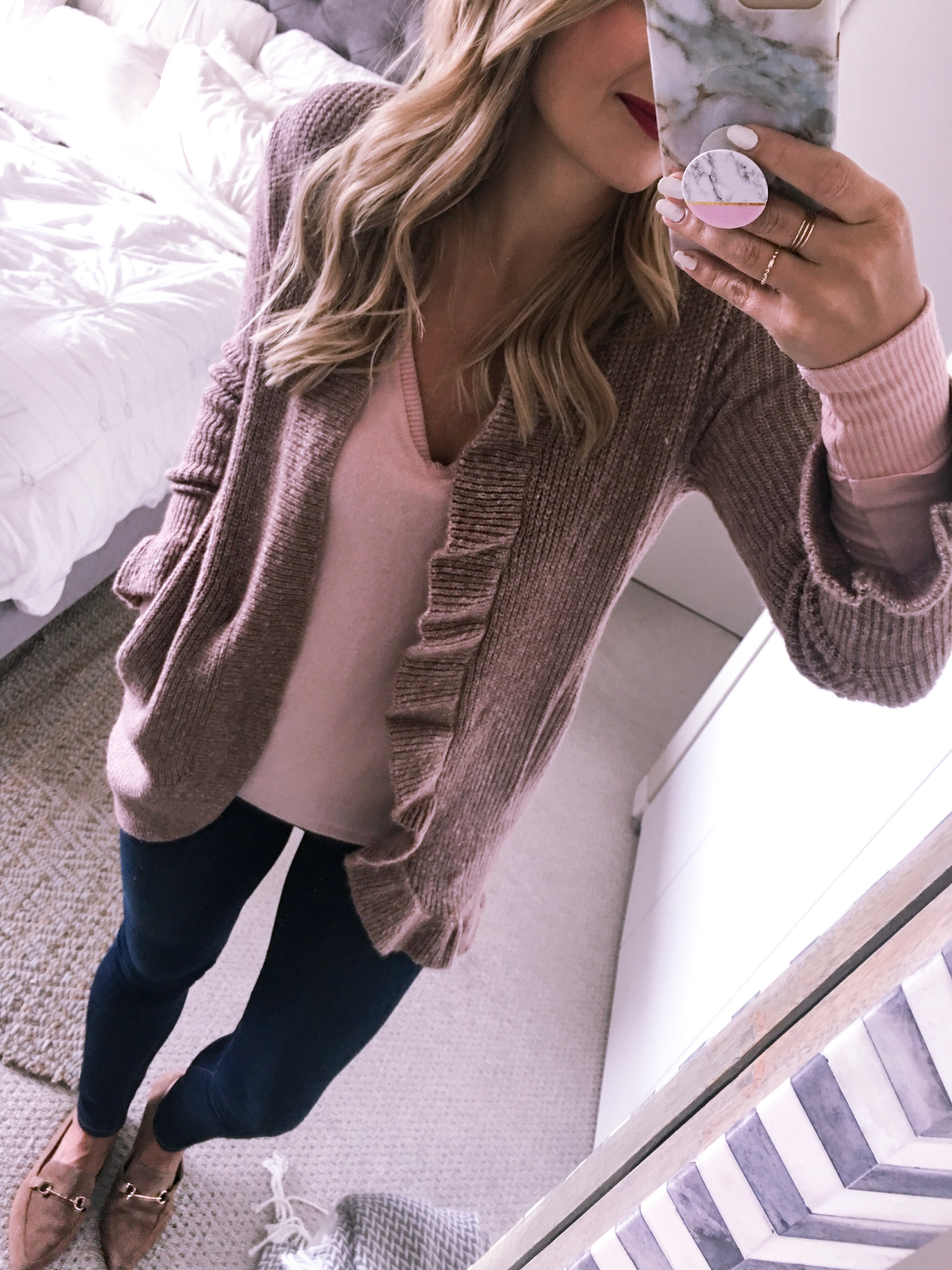 ruffle hem cardigan and pink v-neck knit sweater from nordstrom