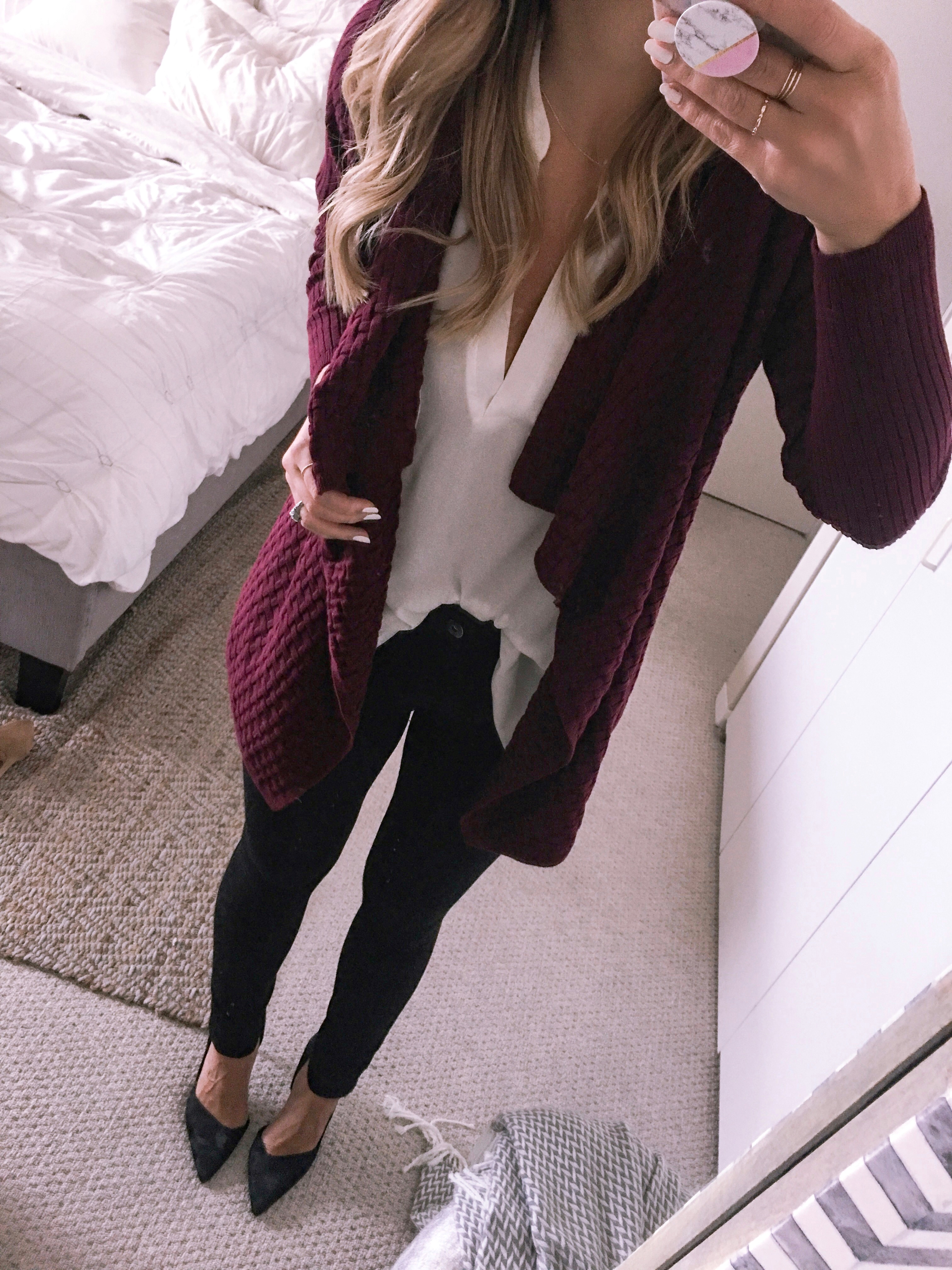 burgundy knit sweater with a white tunic